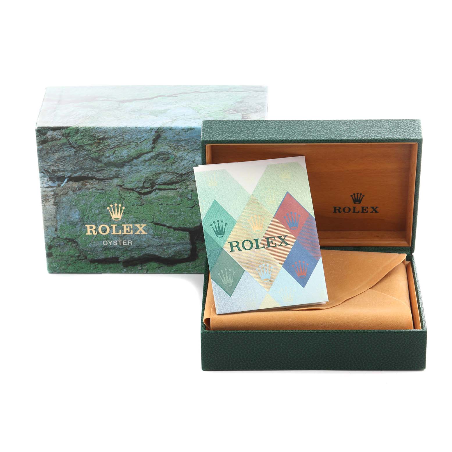 The image shows a Rolex Datejust 16234 Men
s Stainless Steel Silver Dial 16234 Men
s Stainless Steel Silver Dial box with its outer box and booklet, angled to display them open and closed.