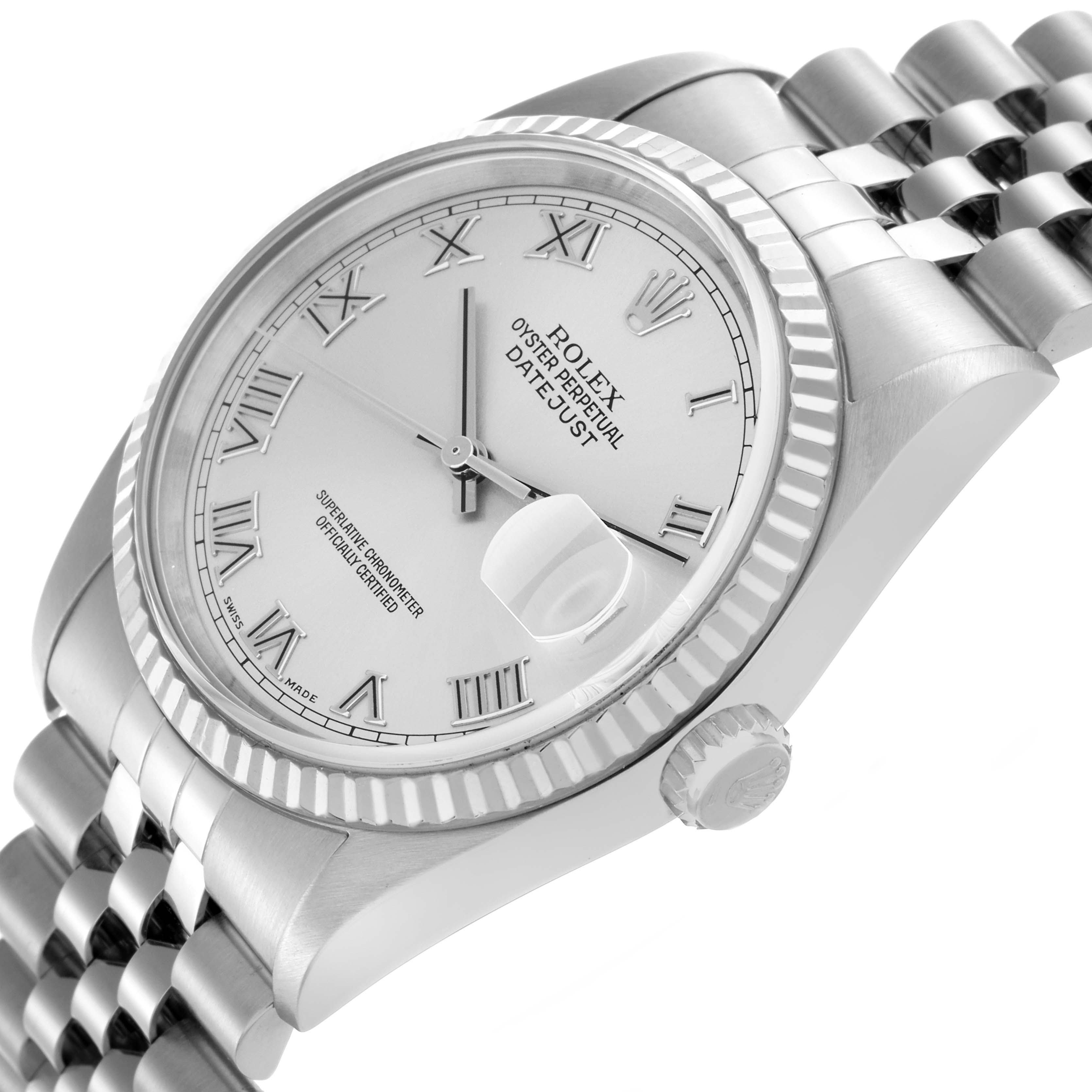 The Rolex Datejust 16234 Men
s Stainless Steel Silver Dial 16234 Men
s Stainless Steel Silver Dial watch is shown at a tilted angle highlighting the face, bezel, crown, and part of the bracelet.