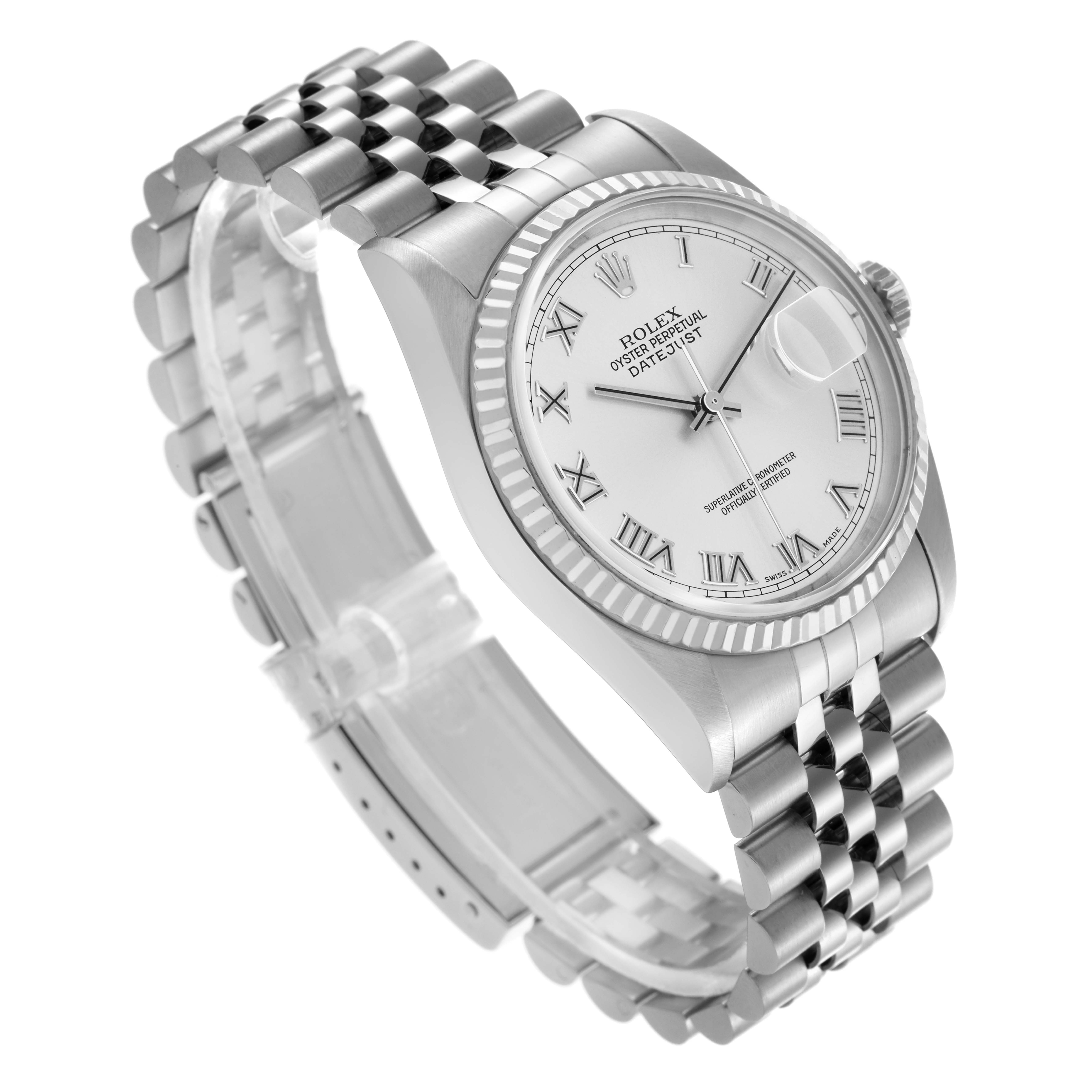 The Rolex Datejust 16234 Men
s Stainless Steel Silver Dial 16234 Men
s Stainless Steel Silver Dial watch is shown at an angled view displaying the face, fluted bezel, and Jubilee bracelet.