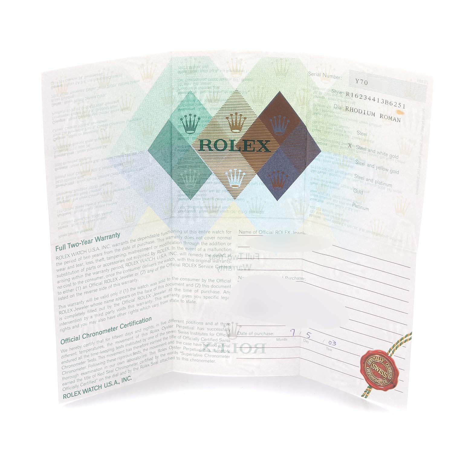 The image shows warranty and certification paperwork for a Rolex Datejust 16234 Men
s Stainless Steel Silver Dial 16234 Men
s Stainless Steel Silver Dial watch.