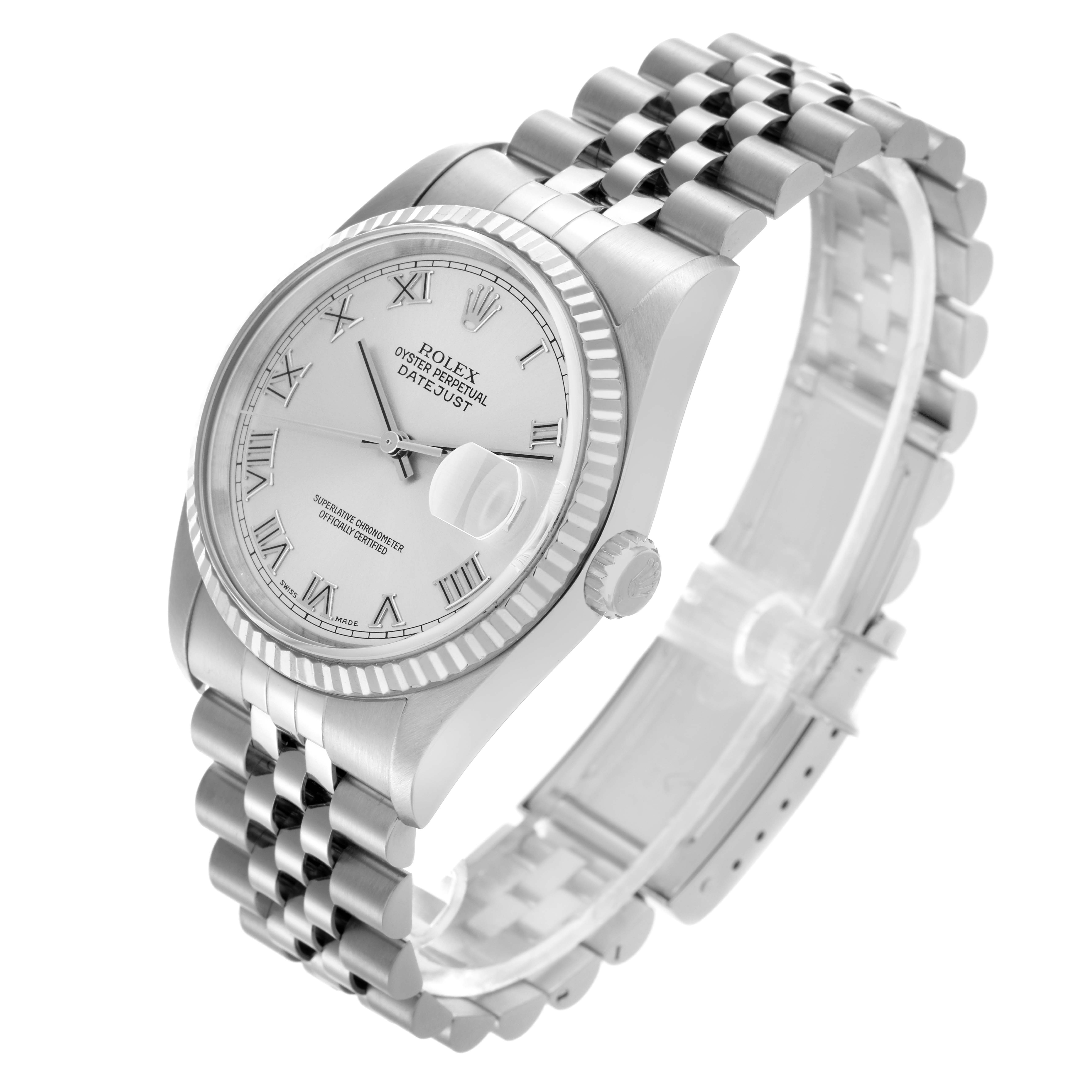 The Rolex Datejust 16234 Men
s Stainless Steel Silver Dial 16234 Men
s Stainless Steel Silver Dial watch is shown from an angled side view, displaying its face, bezel, case, and bracelet.