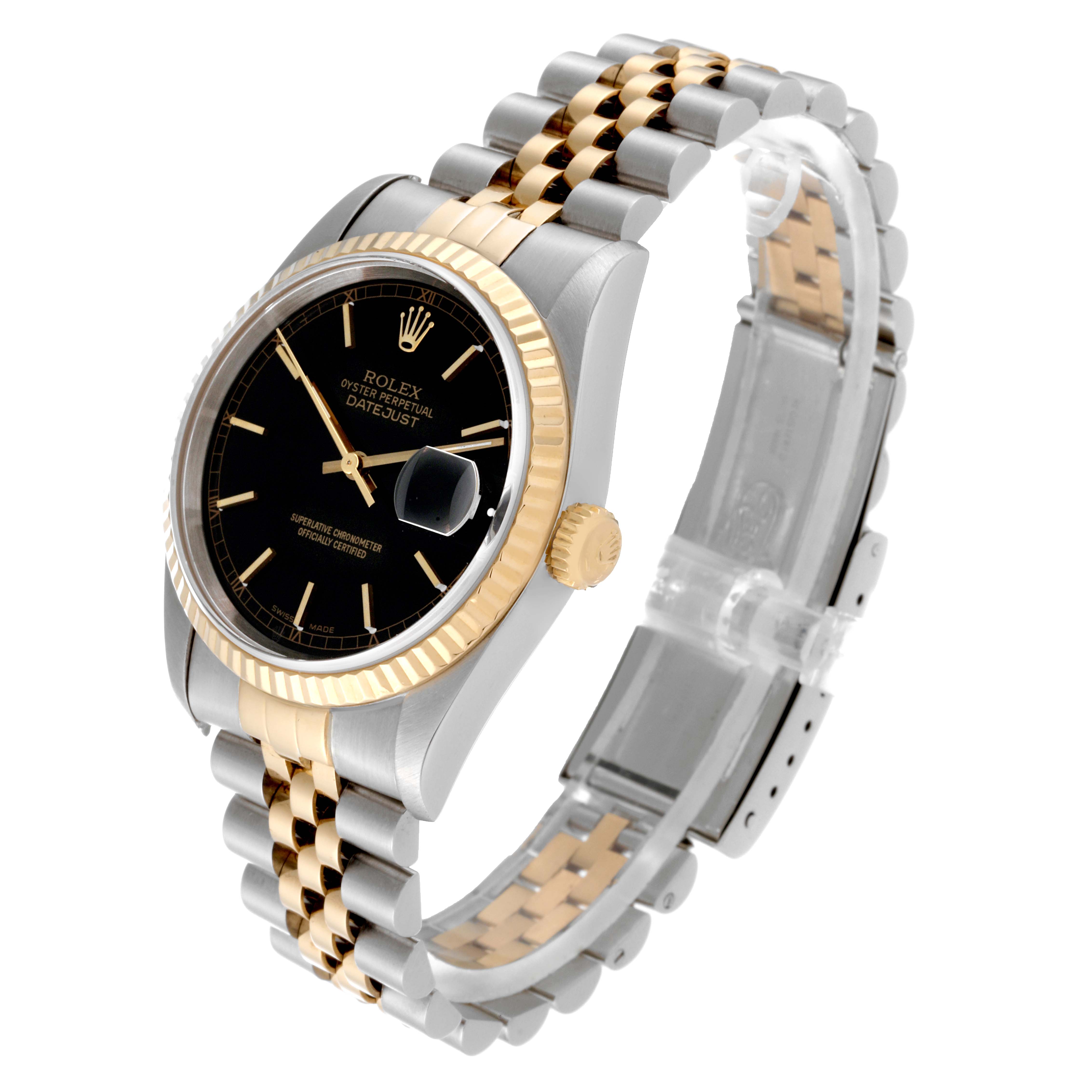 The Rolex Datejust 16233 Men's Steel and Gold (two tone) Black Dial 16233 Men's Steel and Gold (two tone) Black Dial watch is shown at a three-quarter angle, highlighting its black dial, gold bezel, and two-tone bracelet.