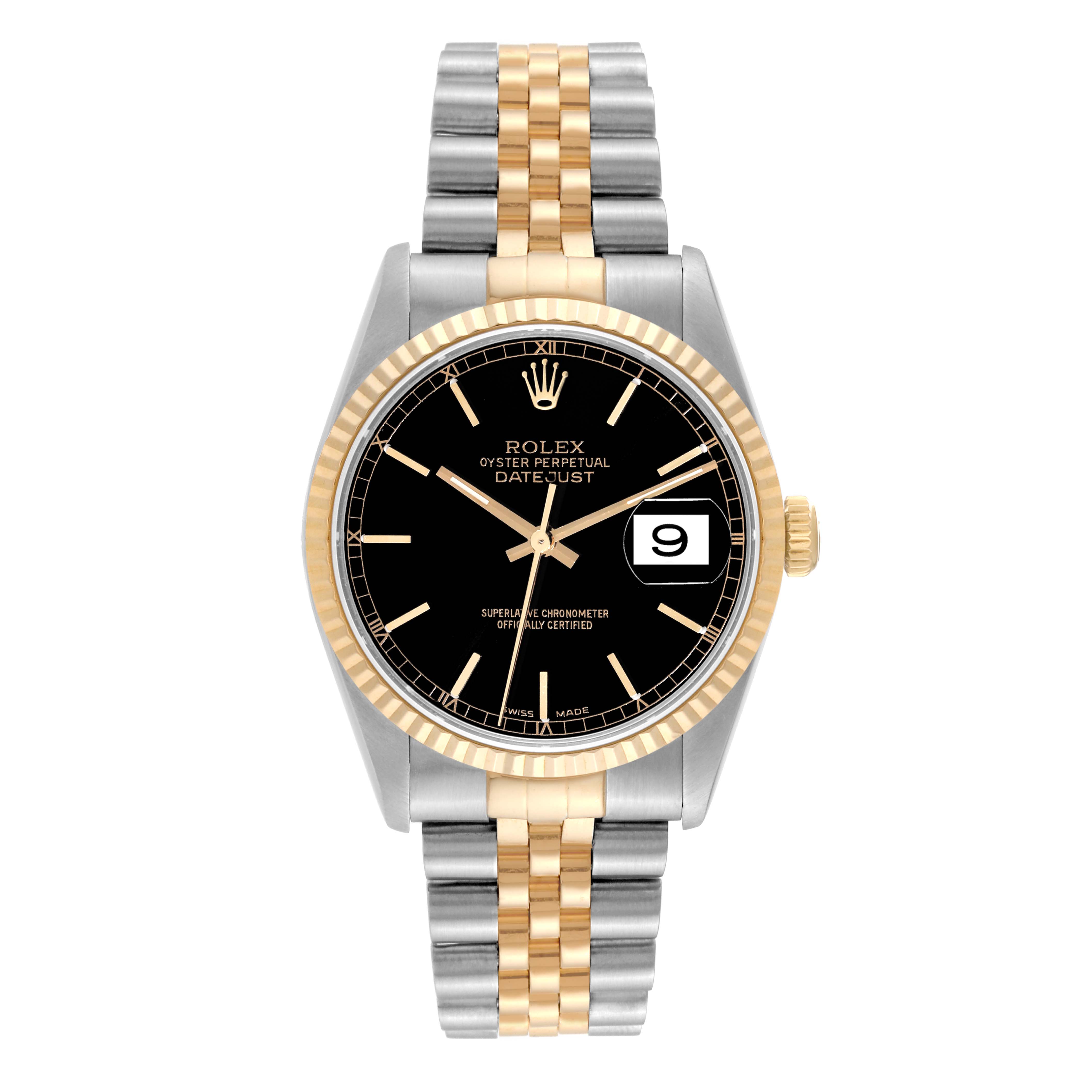 The image shows a frontal view of a Rolex Datejust 16233 Men's Steel and Gold (two tone) Black Dial 16233 Men's Steel and Gold (two tone) Black Dial watch featuring a black dial, gold bezel, and two-tone Jubilee bracelet.