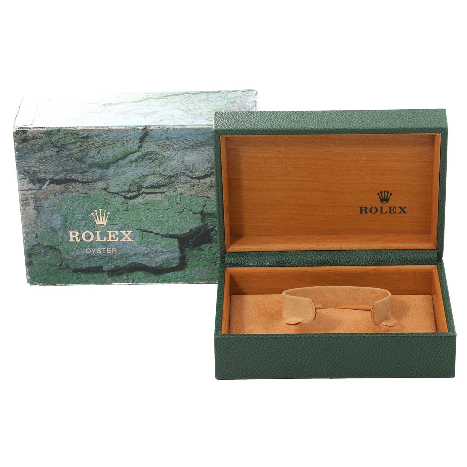 This image shows an empty green Rolex Datejust 16233 Men's Steel and Gold (two tone) Black Dial 16233 Men's Steel and Gold (two tone) Black Dial watch box with its lid open, next to its outer box.