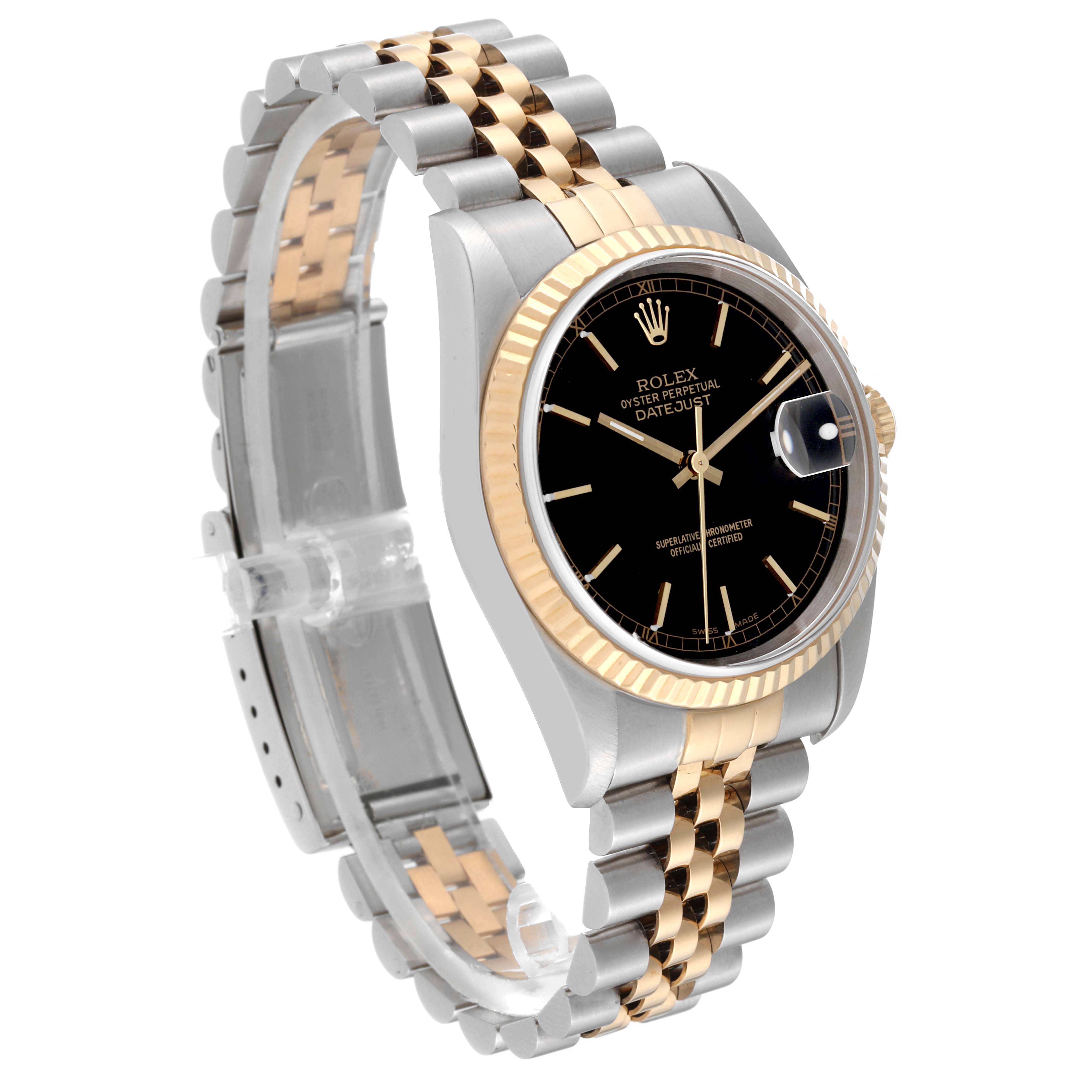 The image shows a Rolex Datejust 16233 Men's Steel and Gold (two tone) Black Dial 16233 Men's Steel and Gold (two tone) Black Dial watch at a three-quarter angle, displaying its face, bezel, and two-tone bracelet.