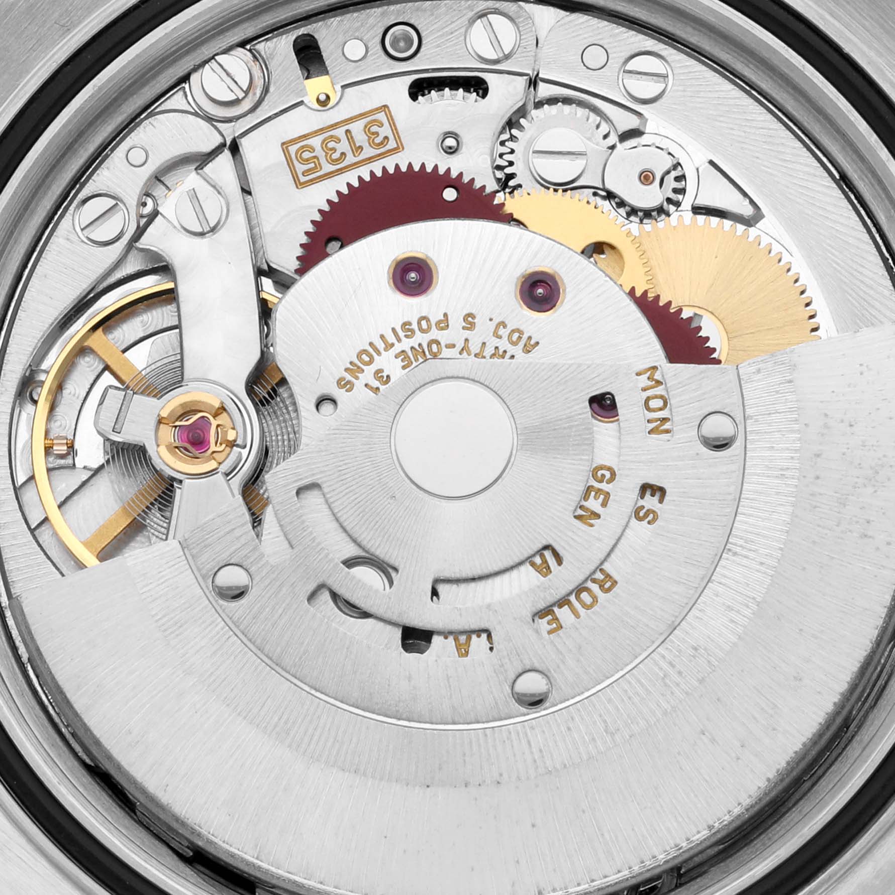 The image shows an internal view of the movement and mechanism of a Rolex Datejust 16233 Men's Steel and Gold (two tone) Black Dial 16233 Men's Steel and Gold (two tone) Black Dial watch, highlighting gears and intricate components.