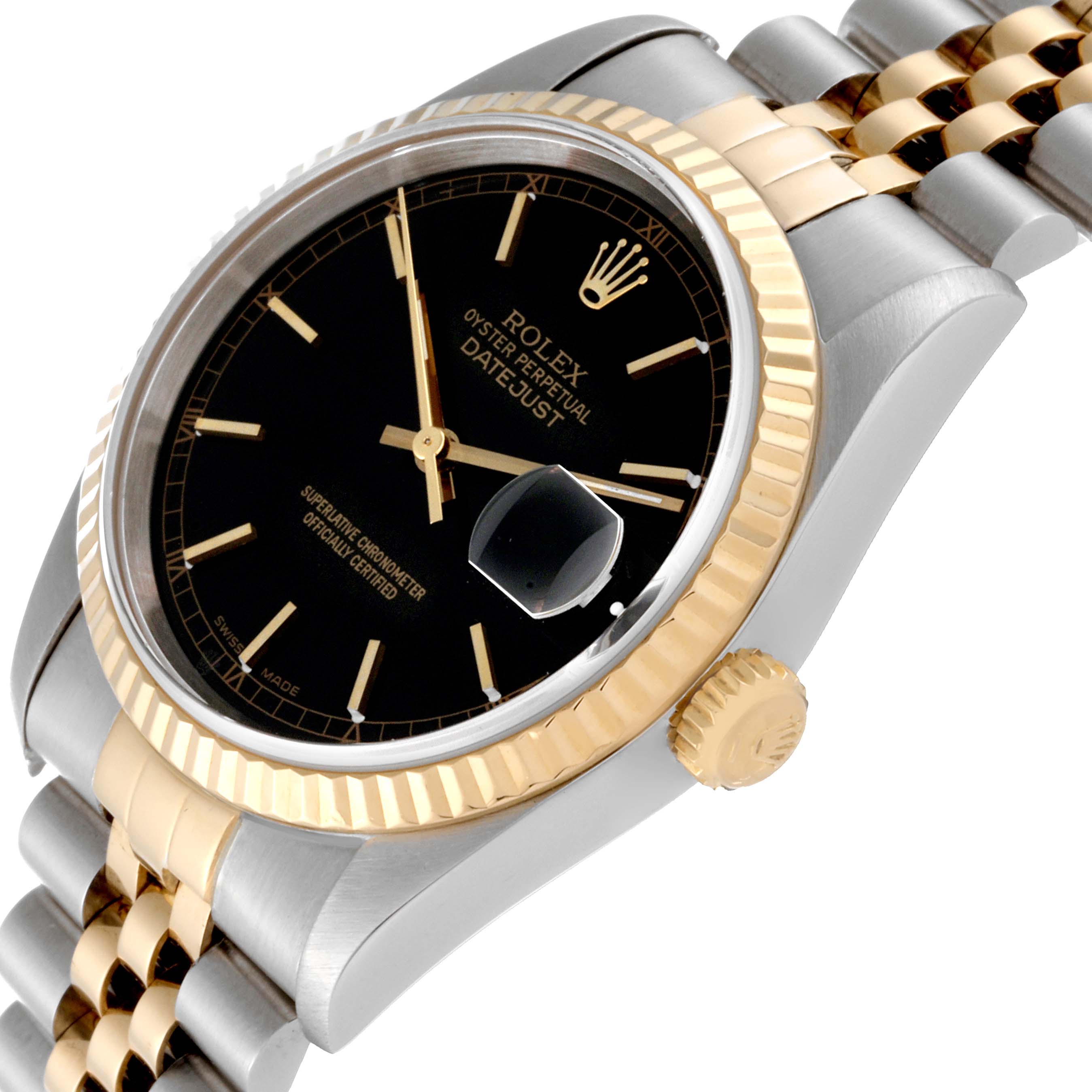 The Rolex Datejust 16233 Men's Steel and Gold (two tone) Black Dial 16233 Men's Steel and Gold (two tone) Black Dial is shown at an angle highlighting its black dial, gold fluted bezel, and two-tone Jubilee bracelet.
