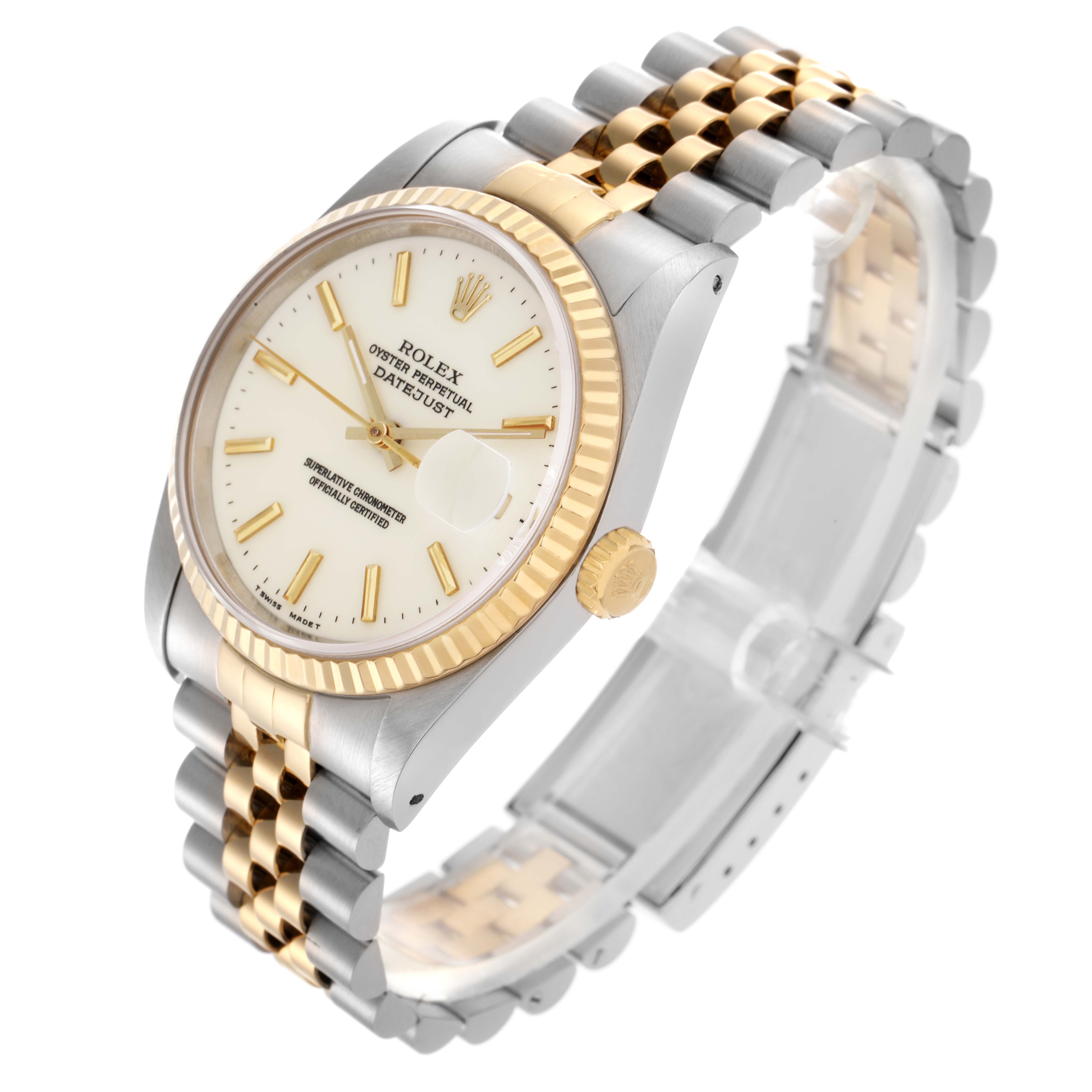 The Rolex Datejust 16233 Men
s Steel and Gold (two tone) White Dial 16233 Men
s Steel and Gold (two tone) White Dial watch is shown at a slight angle, highlighting the case, dial, fluted bezel, crown, and jubilee bracelet.