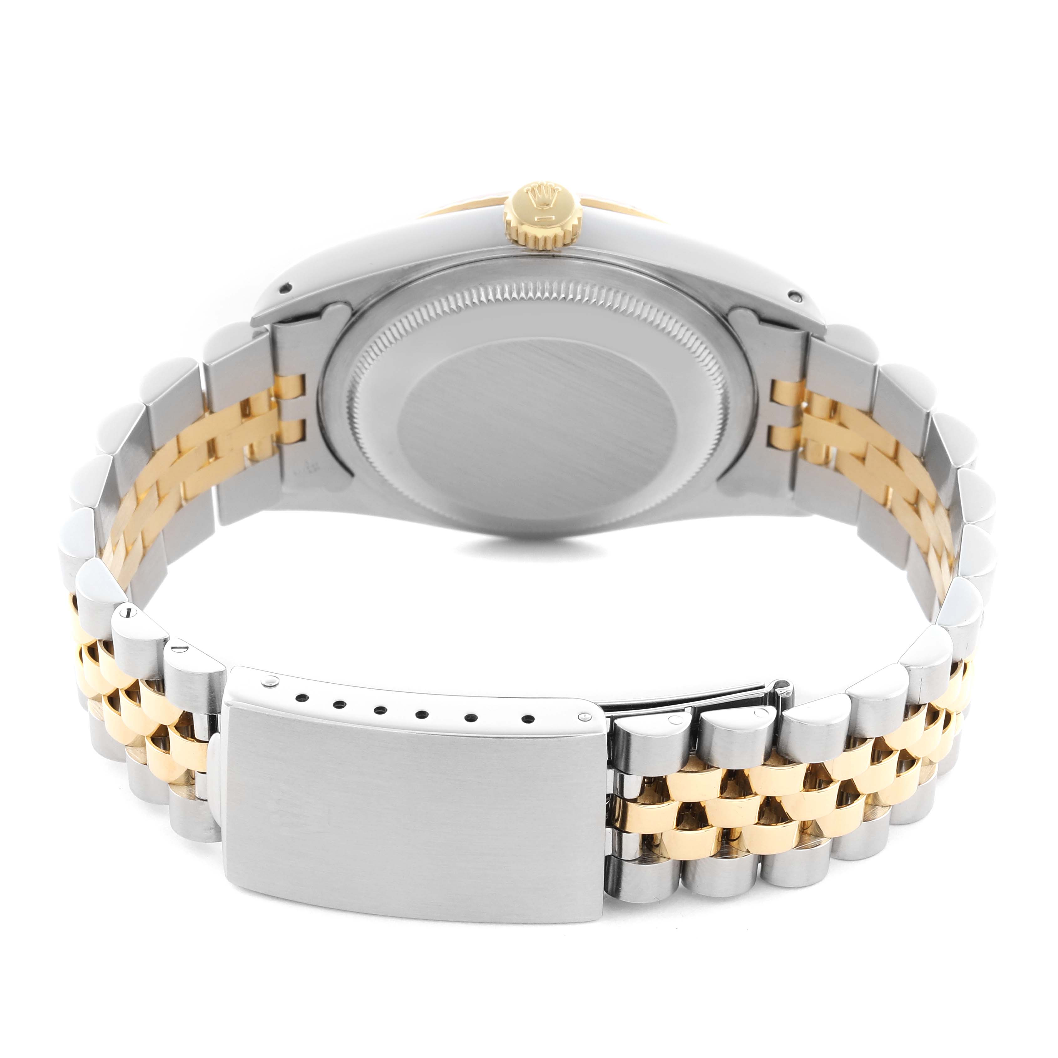 The image shows the back view of a Rolex Datejust 16233 Men
s Steel and Gold (two tone) White Dial 16233 Men
s Steel and Gold (two tone) White Dial watch, featuring the case back, gold crown, and two-tone bracelet.