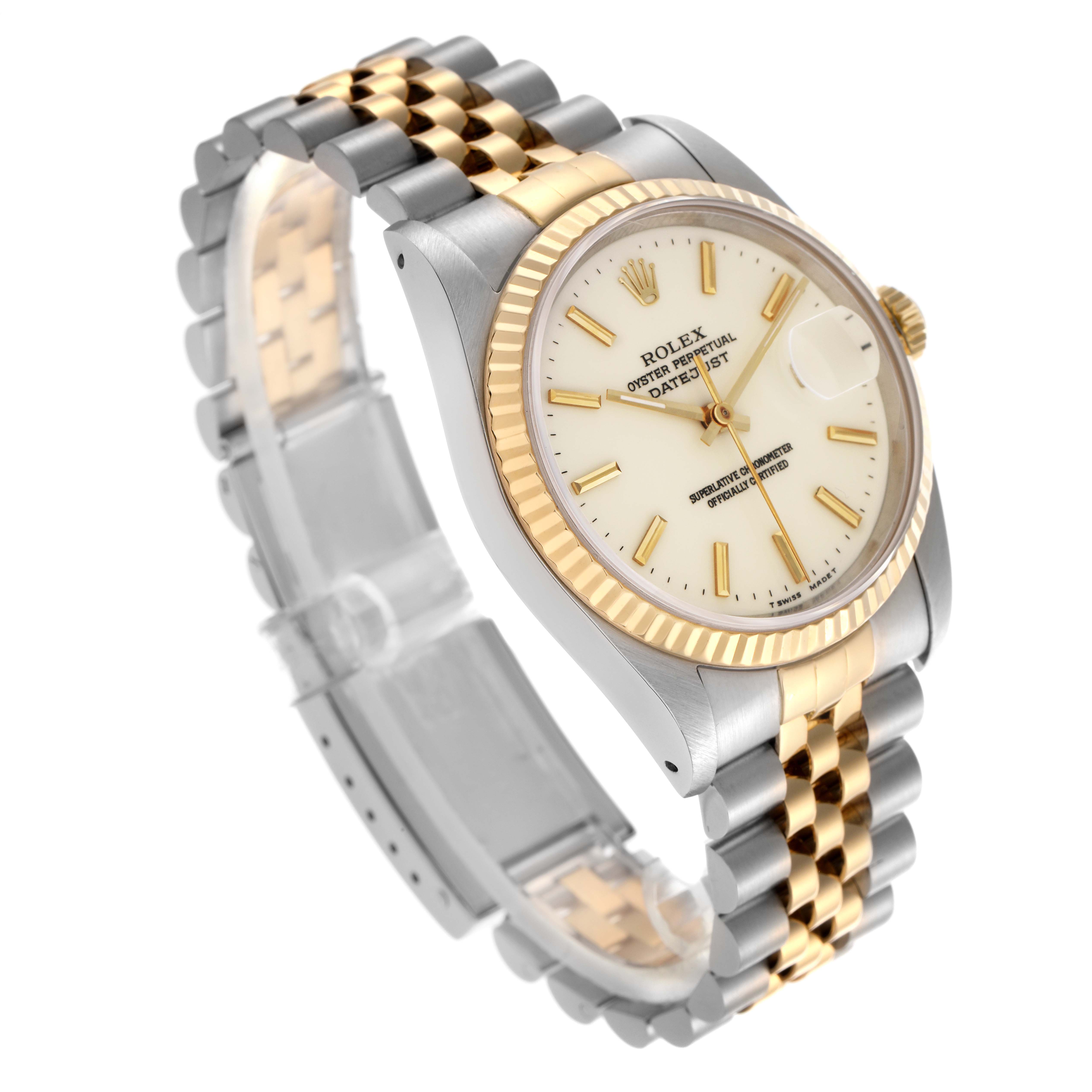The Rolex Datejust 16233 Men
s Steel and Gold (two tone) White Dial 16233 Men
s Steel and Gold (two tone) White Dial watch is displayed at a three-quarter angle, showing the dial, fluted bezel, and two-tone jubilee bracelet.