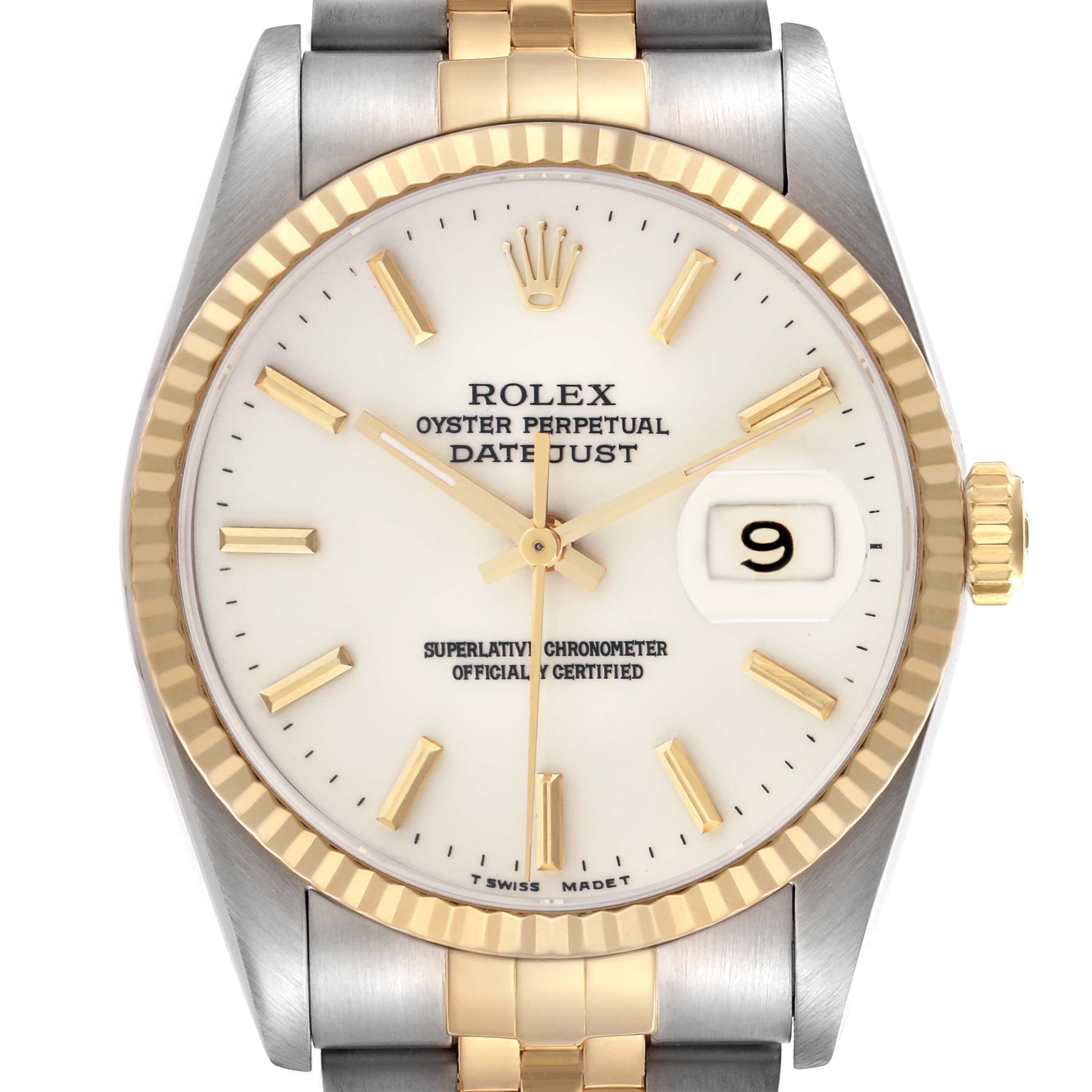 The Rolex Datejust 16233 Men
s Steel and Gold (two tone) White Dial 16233 Men
s Steel and Gold (two tone) White Dial is shown from a front angle, highlighting the dial, bezel, and part of the bracelet.