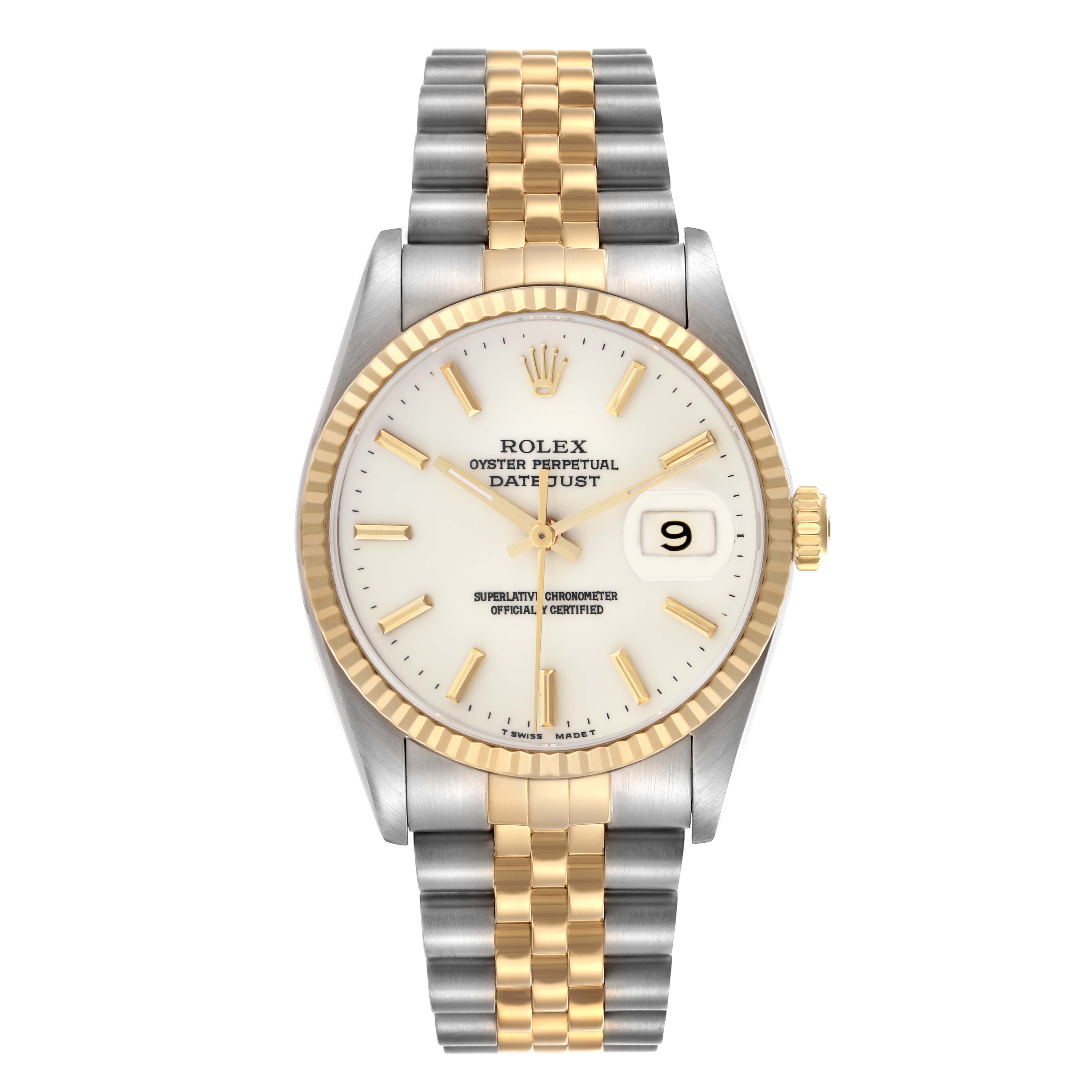The Rolex Datejust 16233 Men
s Steel and Gold (two tone) White Dial 16233 Men
s Steel and Gold (two tone) White Dial watch is shown from the front, displaying the dial, fluted bezel, and jubilee bracelet.