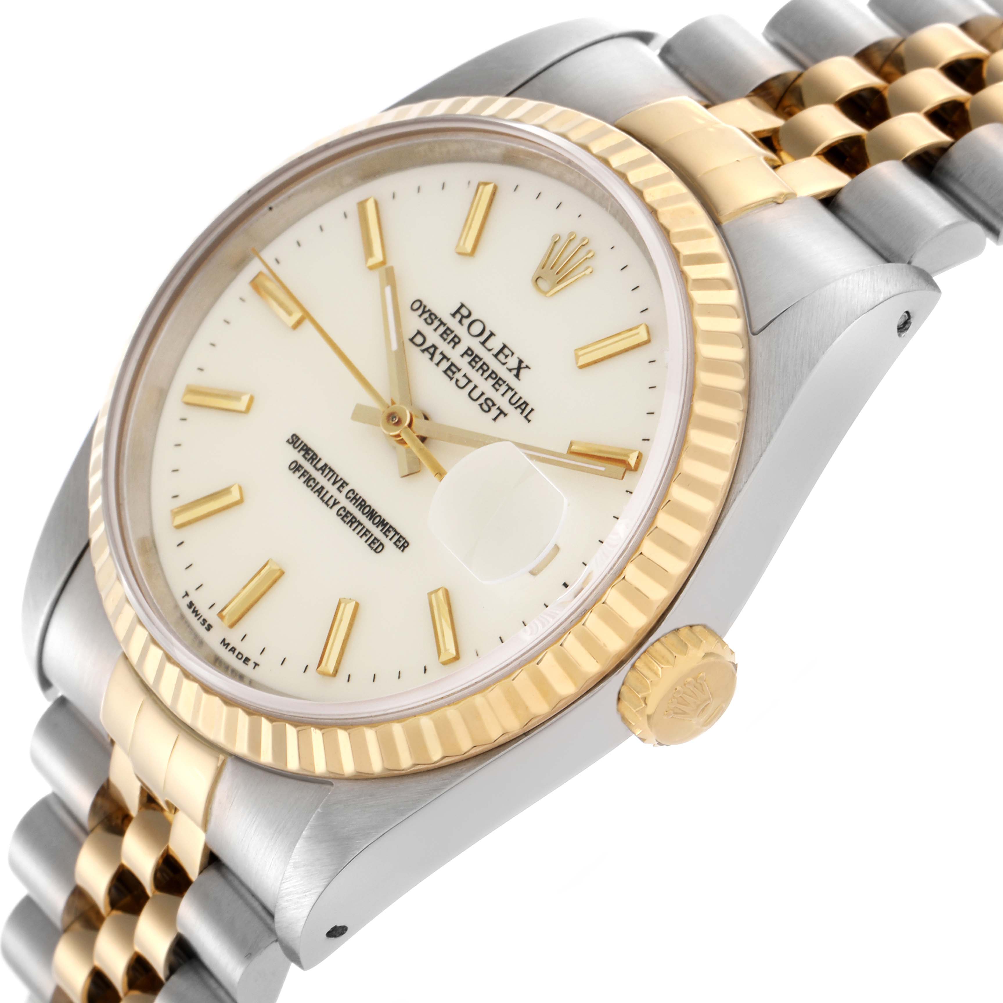 The Rolex Datejust 16233 Men
s Steel and Gold (two tone) White Dial 16233 Men
s Steel and Gold (two tone) White Dial watch is shown at an angle highlighting the face, bezel, crown, and part of the bracelet.