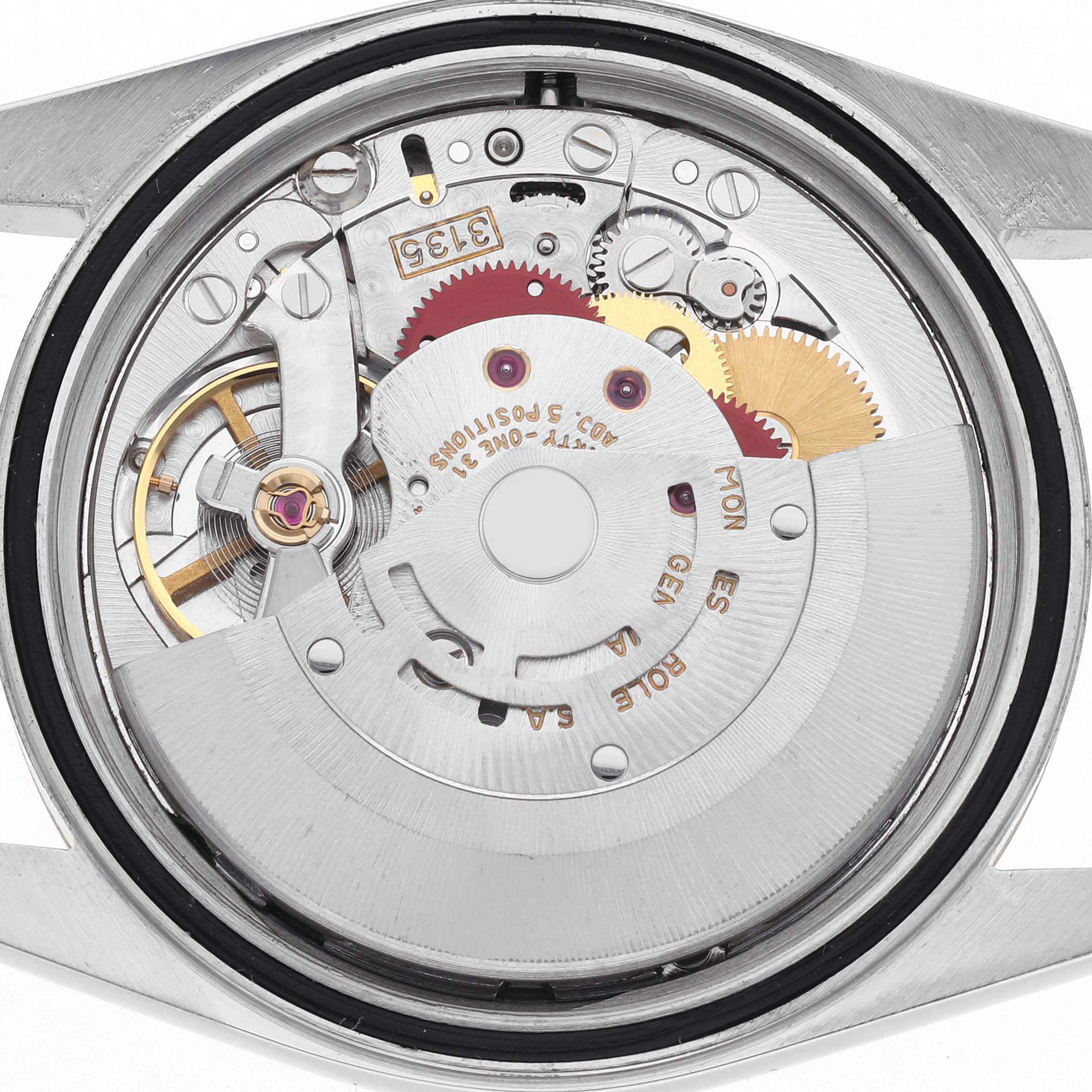 The image shows the internal movement mechanism of a Rolex Datejust 16233 Men
s Steel and Gold (two tone) White Dial 16233 Men
s Steel and Gold (two tone) White Dial watch from the back.