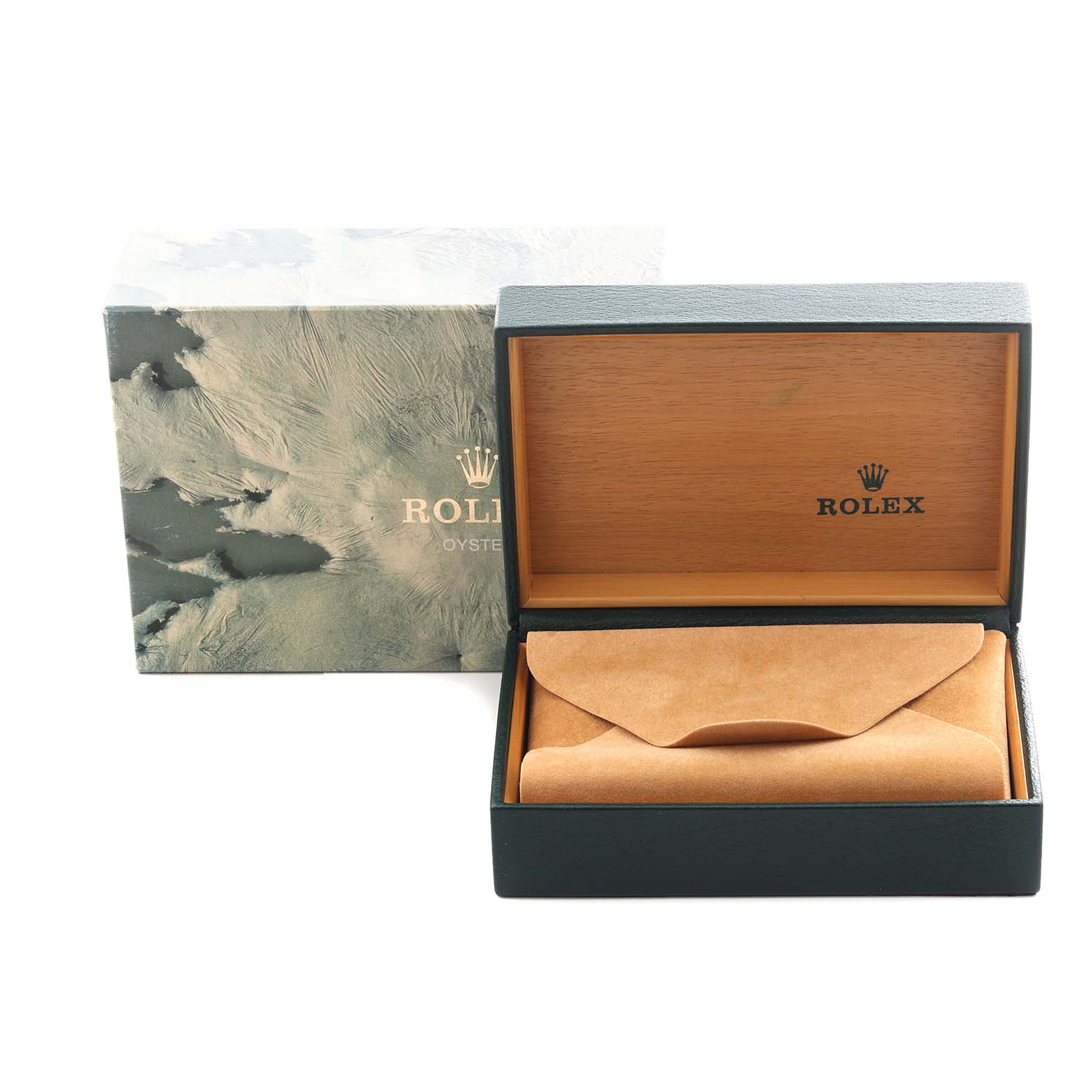 The image shows a Rolex Datejust 16233 Men
s Steel and Gold (two tone) White Dial 16233 Men
s Steel and Gold (two tone) White Dial box and suede pouch from a front angle, with the lid open.