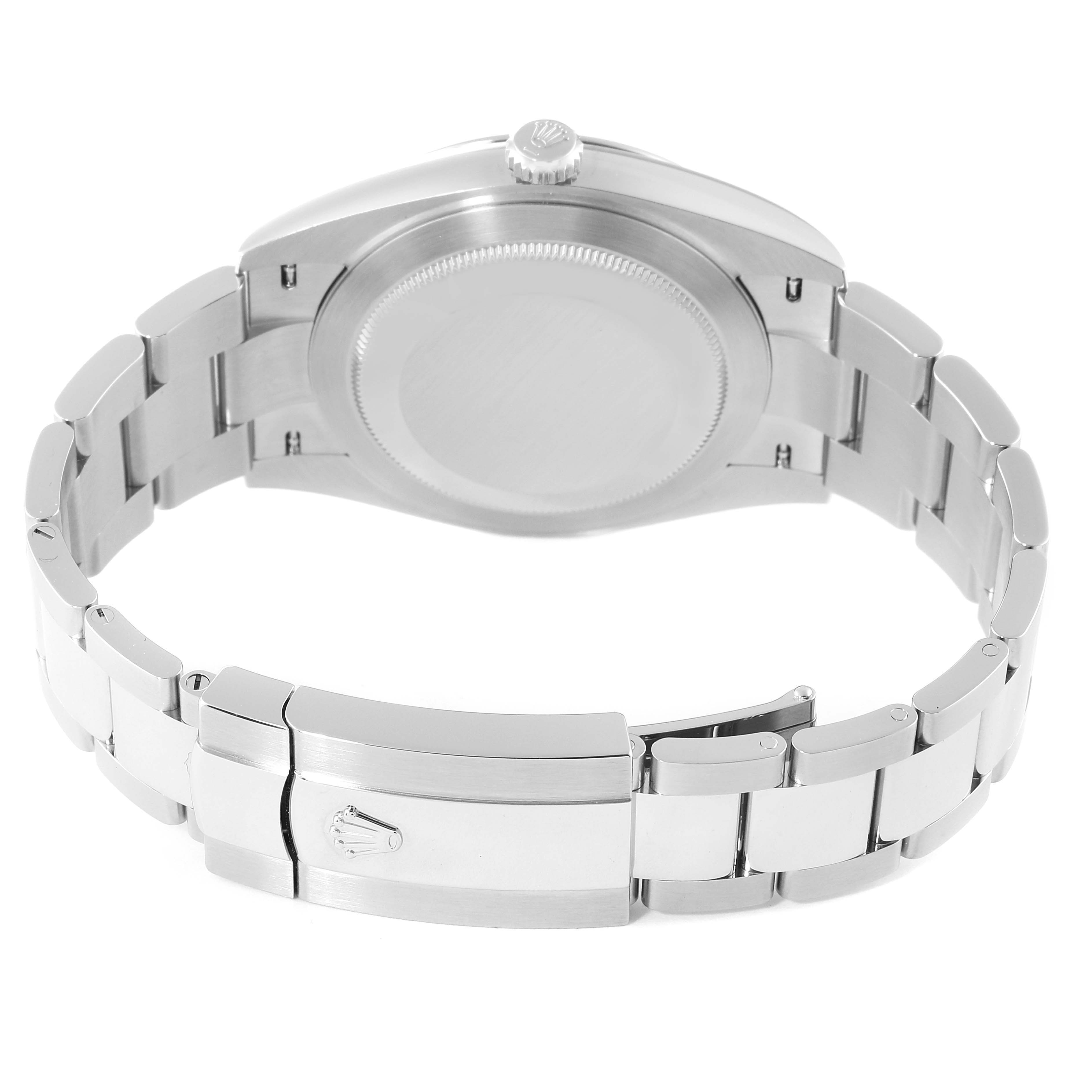 The Rolex Datejust 41 126300 Men's Stainless Steel Blue Dial 126300 Men's Stainless Steel Blue Dial watch is shown from the back, highlighting its case back, bracelet, and clasp.