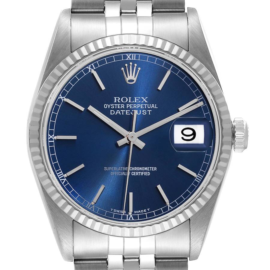 Rolex Datejust Steel White Gold Fluted Bezel Blue Dial Mens Watch 16234 SwissWatchExpo