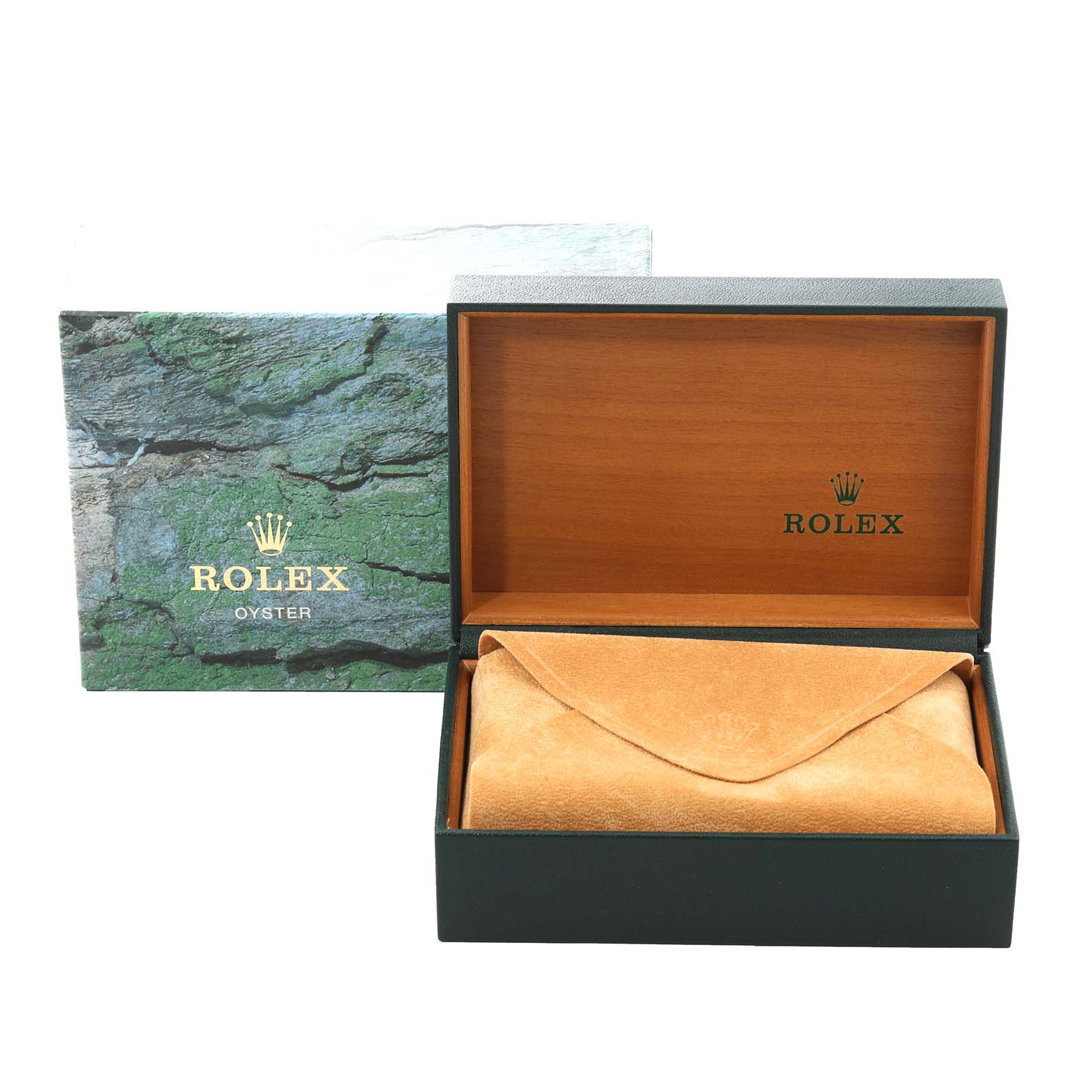 This image shows a Rolex Datejust 16233 Men's Steel and Gold (two tone) Blue Dial 16233 Men's Steel and Gold (two tone) Blue Dial box and suede pouch, presented at a frontal angle with the box open.