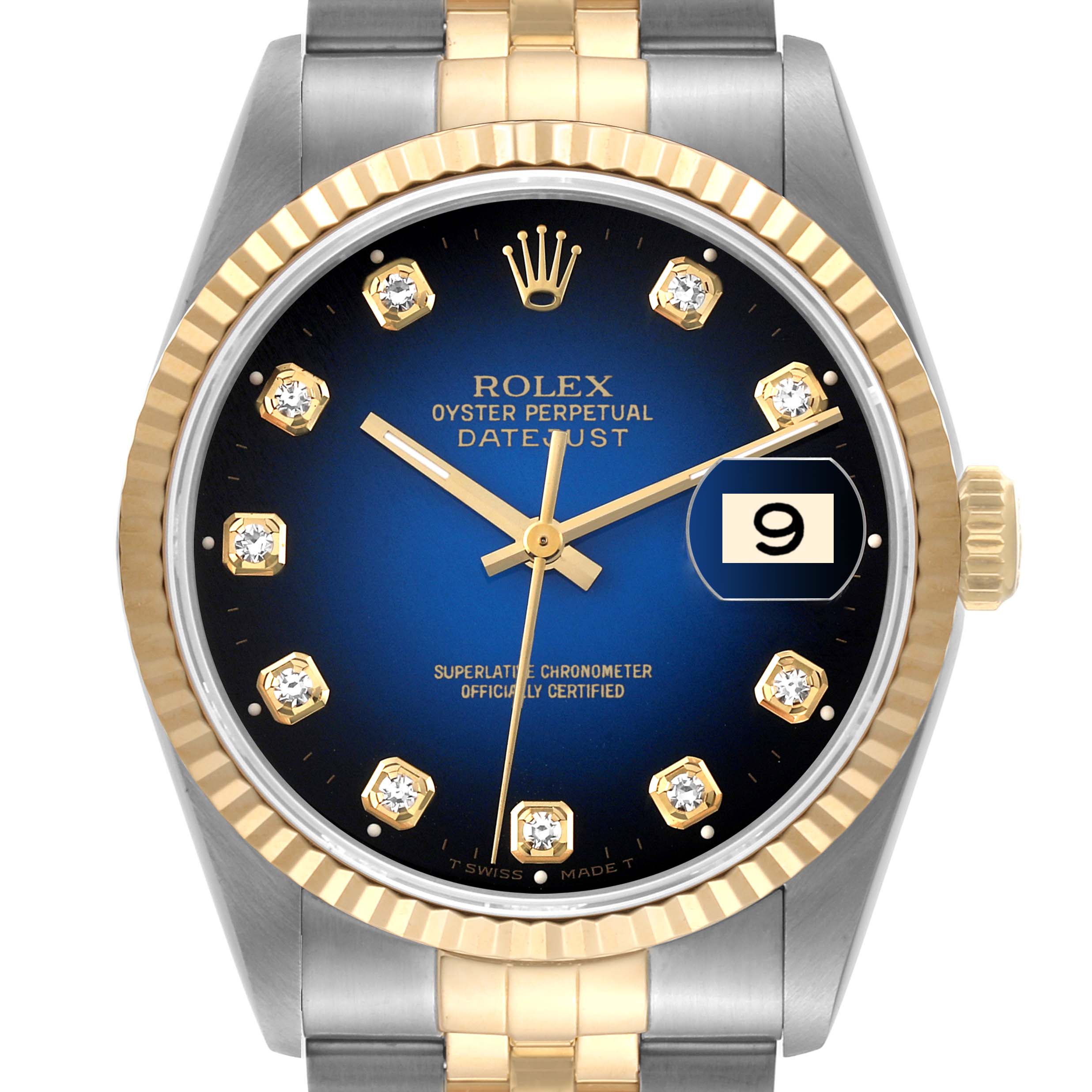This image shows the front view of the Rolex Datejust 16233 Men's Steel and Gold (two tone) Blue Dial 16233 Men's Steel and Gold (two tone) Blue Dial model, highlighting the dial, bezel, and part of the bracelet.