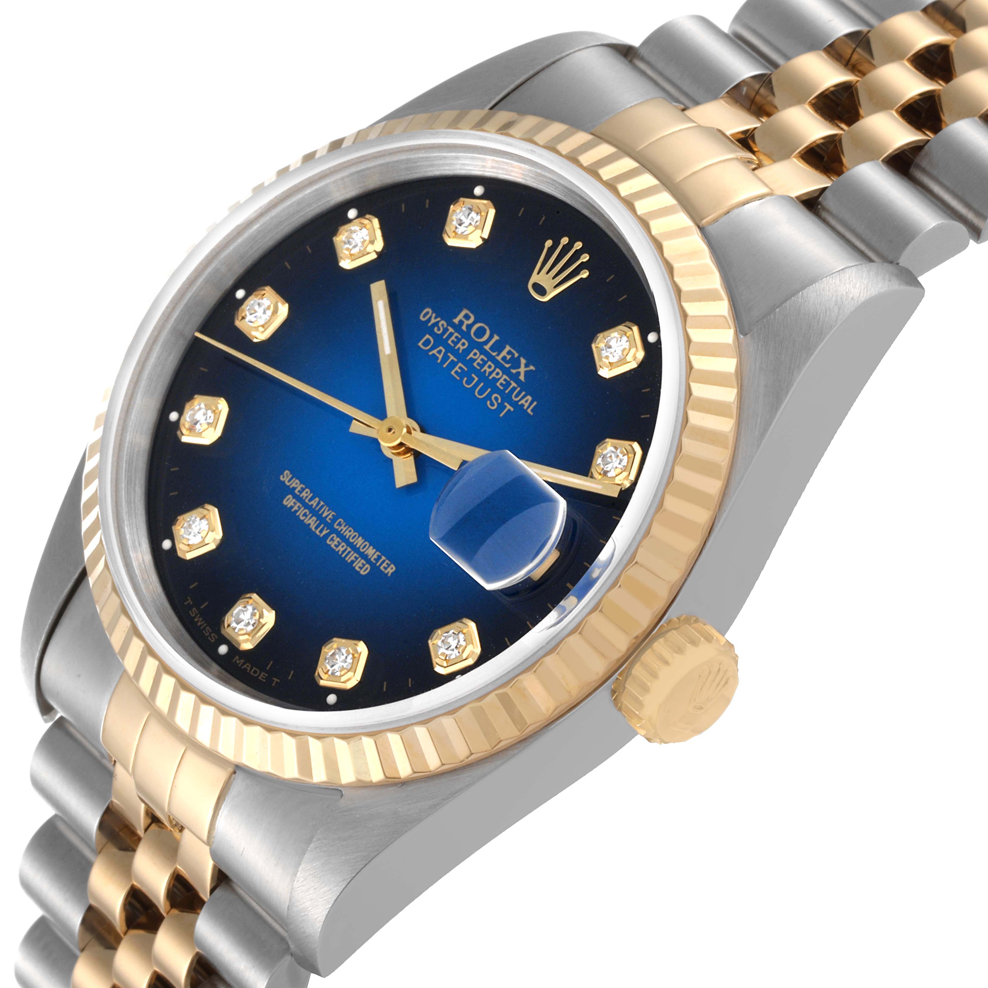 This image shows an angled view of a Rolex Datejust 16233 Men's Steel and Gold (two tone) Blue Dial 16233 Men's Steel and Gold (two tone) Blue Dial watch, featuring the face, bezel, case, and part of the bracelet.