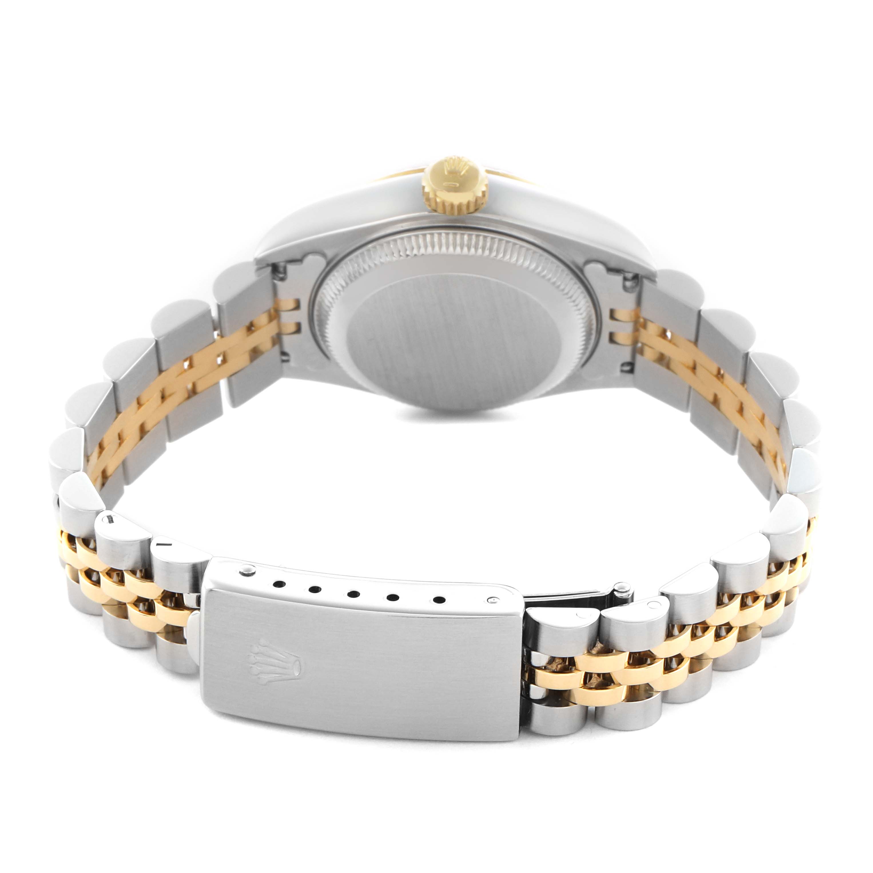 The Rolex Datejust 69173 Women
s Steel and Gold (two tone) Champagne Dial 69173 Women
s Steel and Gold (two tone) Champagne Dial is shown from the back, displaying the case back, crown, and the bracelet with clasp.
