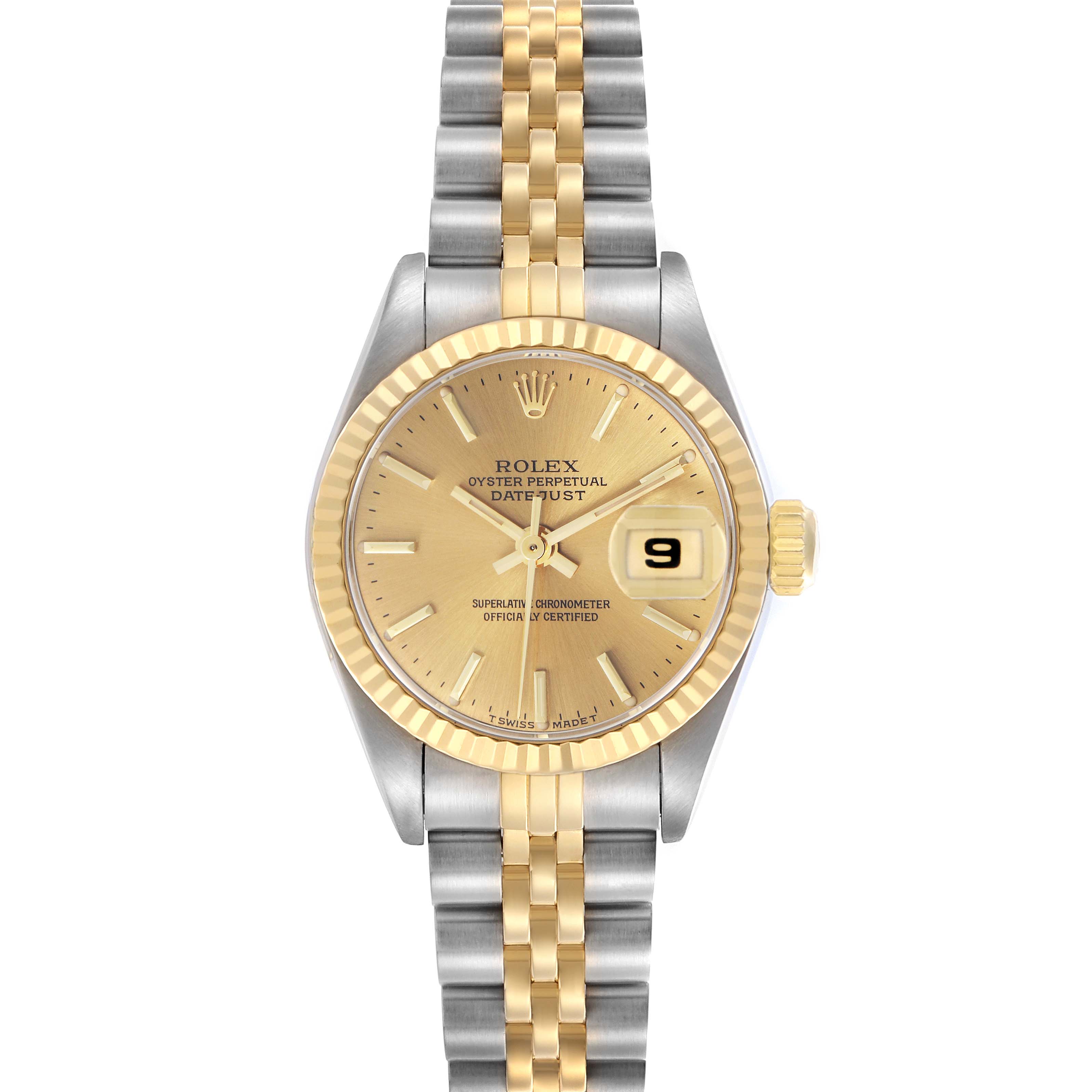 The Rolex Datejust 69173 Women
s Steel and Gold (two tone) Champagne Dial 69173 Women
s Steel and Gold (two tone) Champagne Dial watch is shown from a front view, highlighting the dial, bezel, and two-tone bracelet.