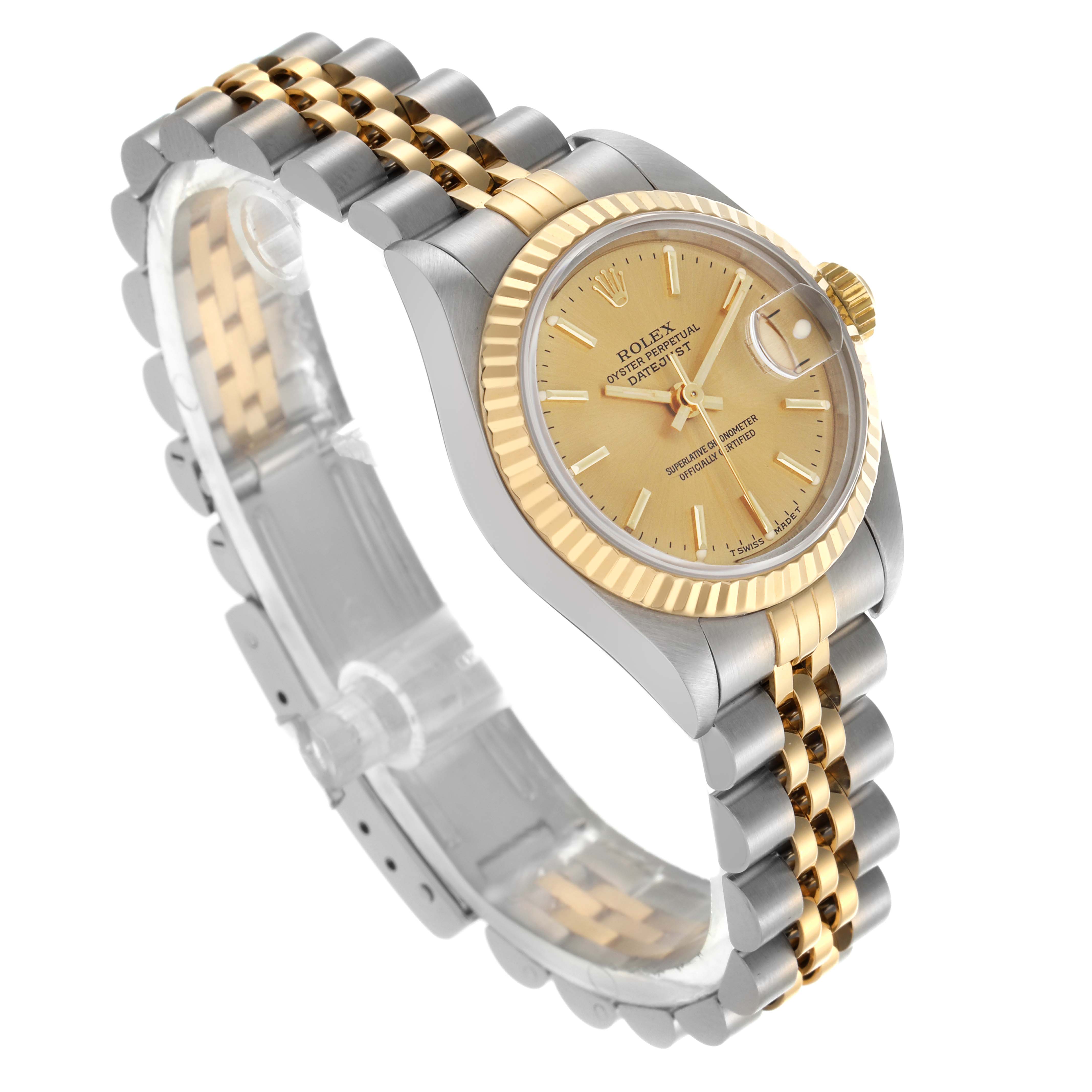 The Rolex Datejust 69173 Women
s Steel and Gold (two tone) Champagne Dial 69173 Women
s Steel and Gold (two tone) Champagne Dial watch is shown at a 3/4 angle, highlighting the gold bezel, champagne dial, and two-tone Jubilee bracelet.