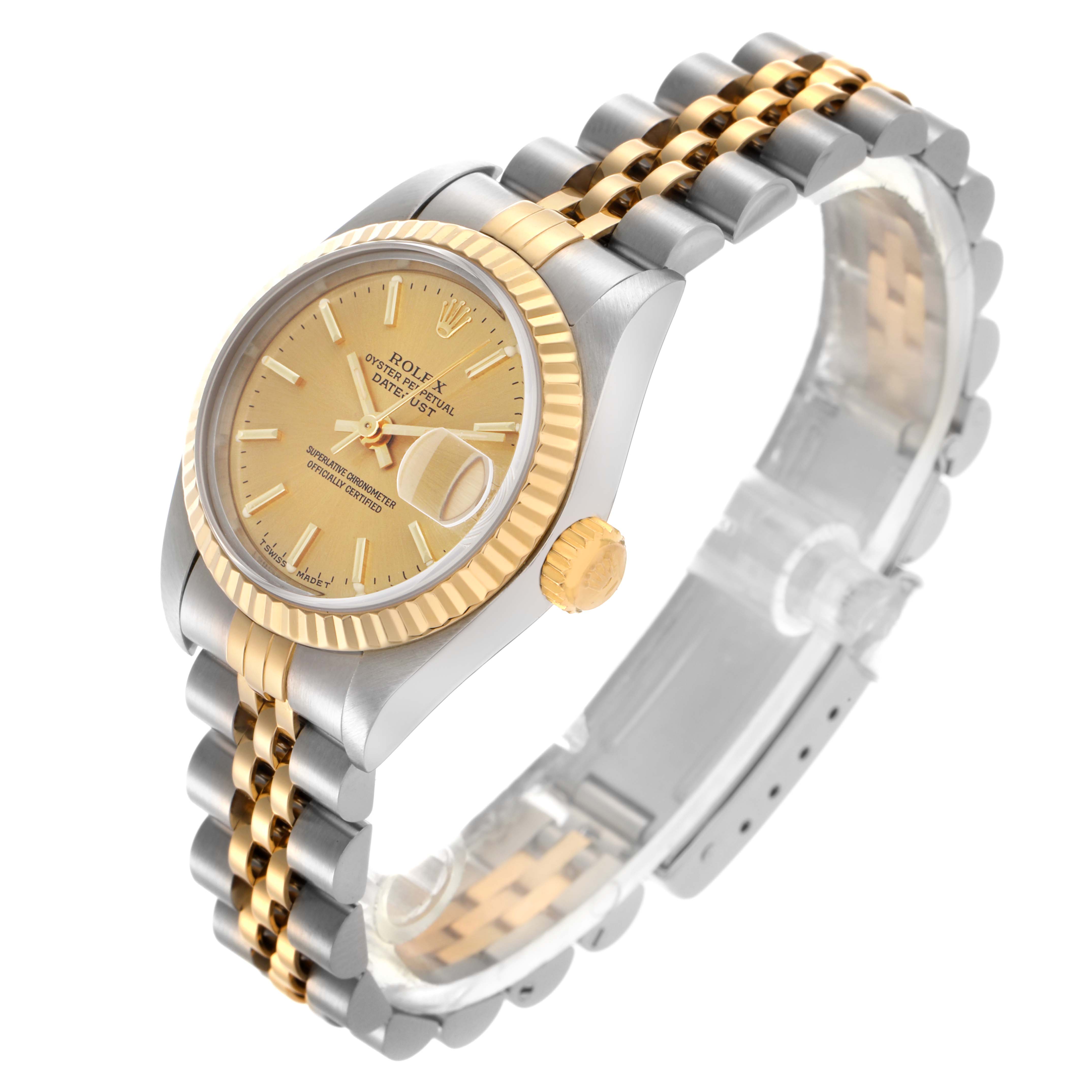 The Rolex Datejust 69173 Women
s Steel and Gold (two tone) Champagne Dial 69173 Women
s Steel and Gold (two tone) Champagne Dial watch is shown at a three-quarter angle, displaying the dial, fluted bezel, crown, and two-tone Jubilee bracelet.