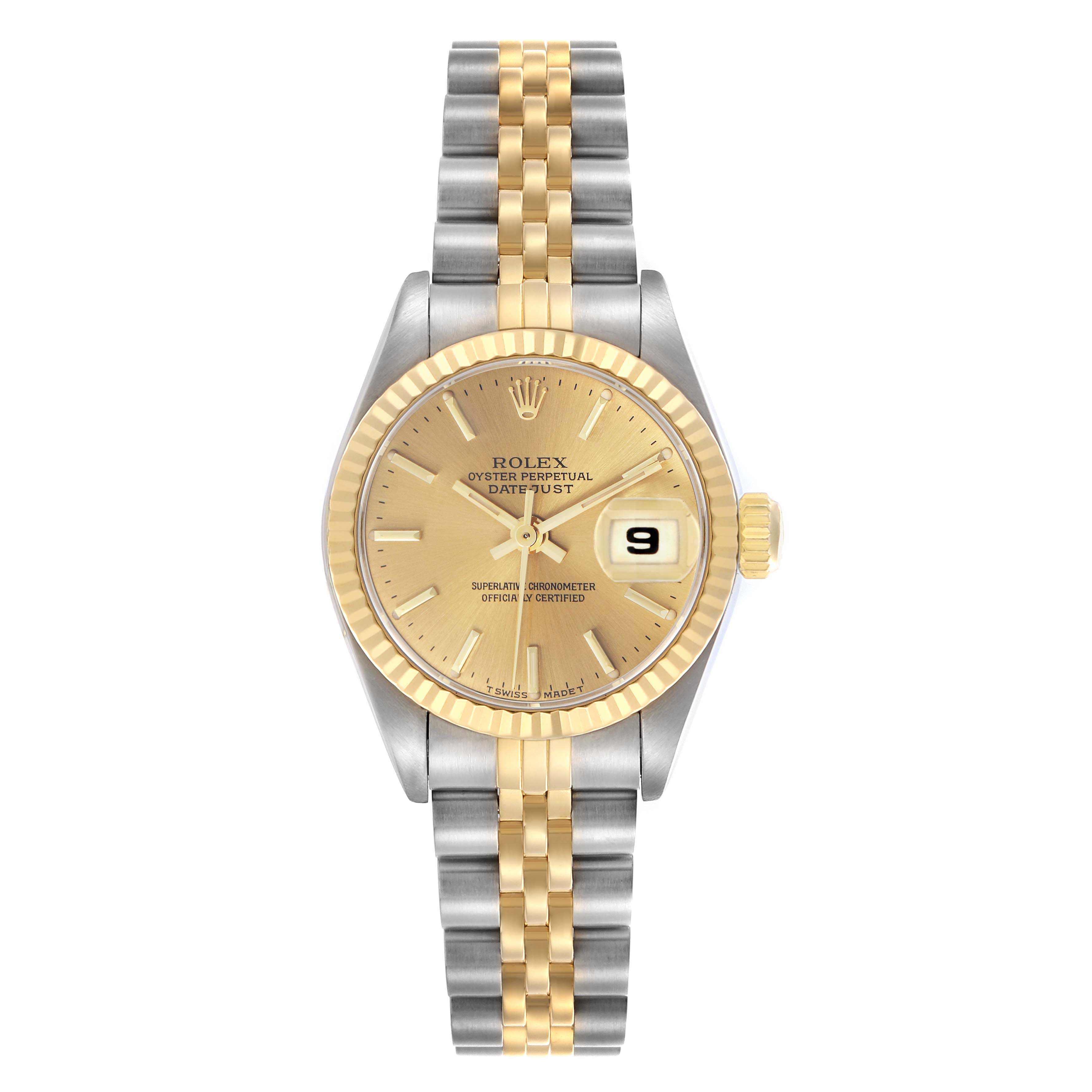 The Rolex Datejust 69173 Women
s Steel and Gold (two tone) Champagne Dial 69173 Women
s Steel and Gold (two tone) Champagne Dial watch is shown from the front, highlighting its dial, two-tone bracelet, and date function.