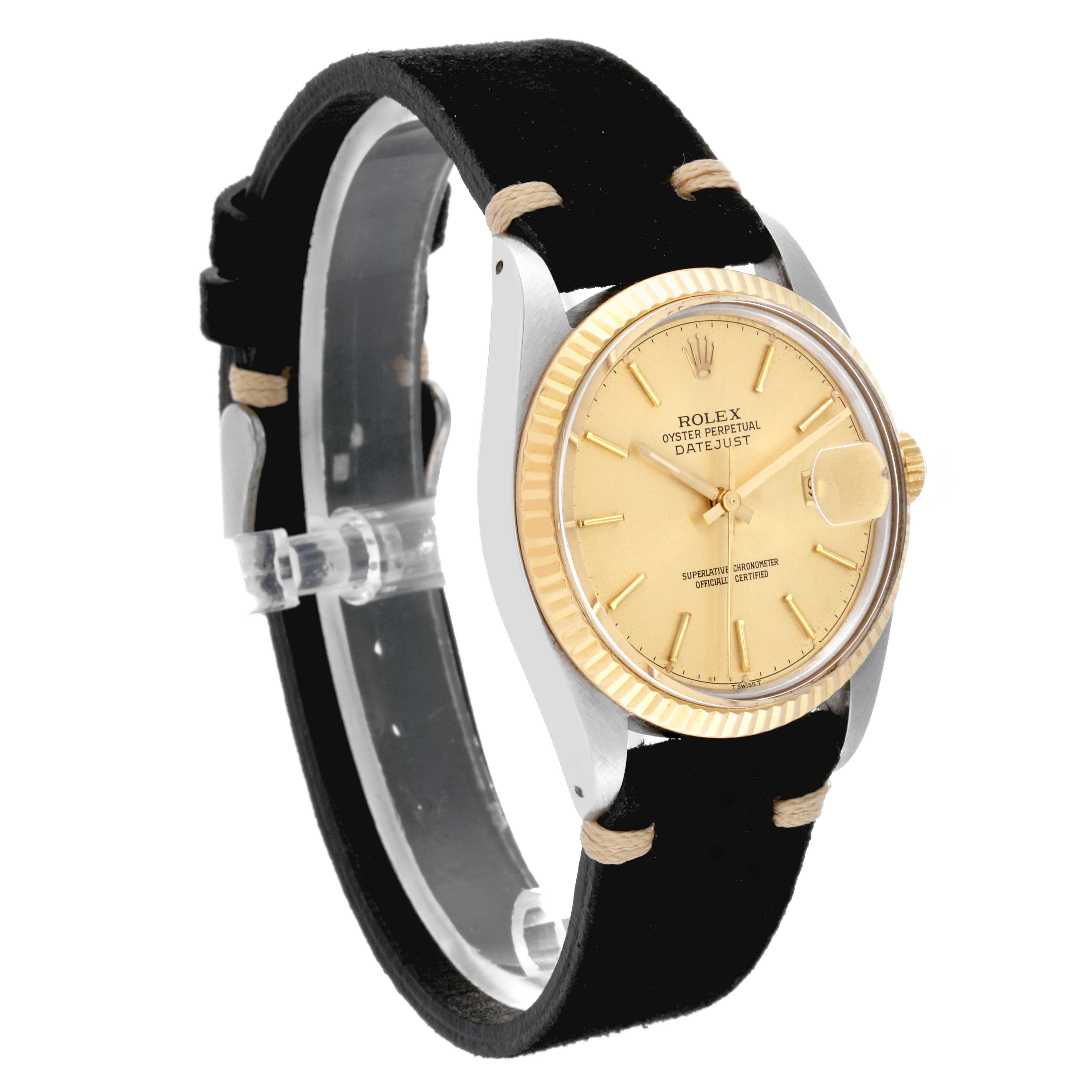 The angle shows a side and front view of the Rolex Vintage Collection 16013 Men's Steel and Gold (two tone) Champagne Dial 16013 Men's Steel and Gold (two tone) Champagne Dial Datejust, highlighting the dial, bezel, and strap.