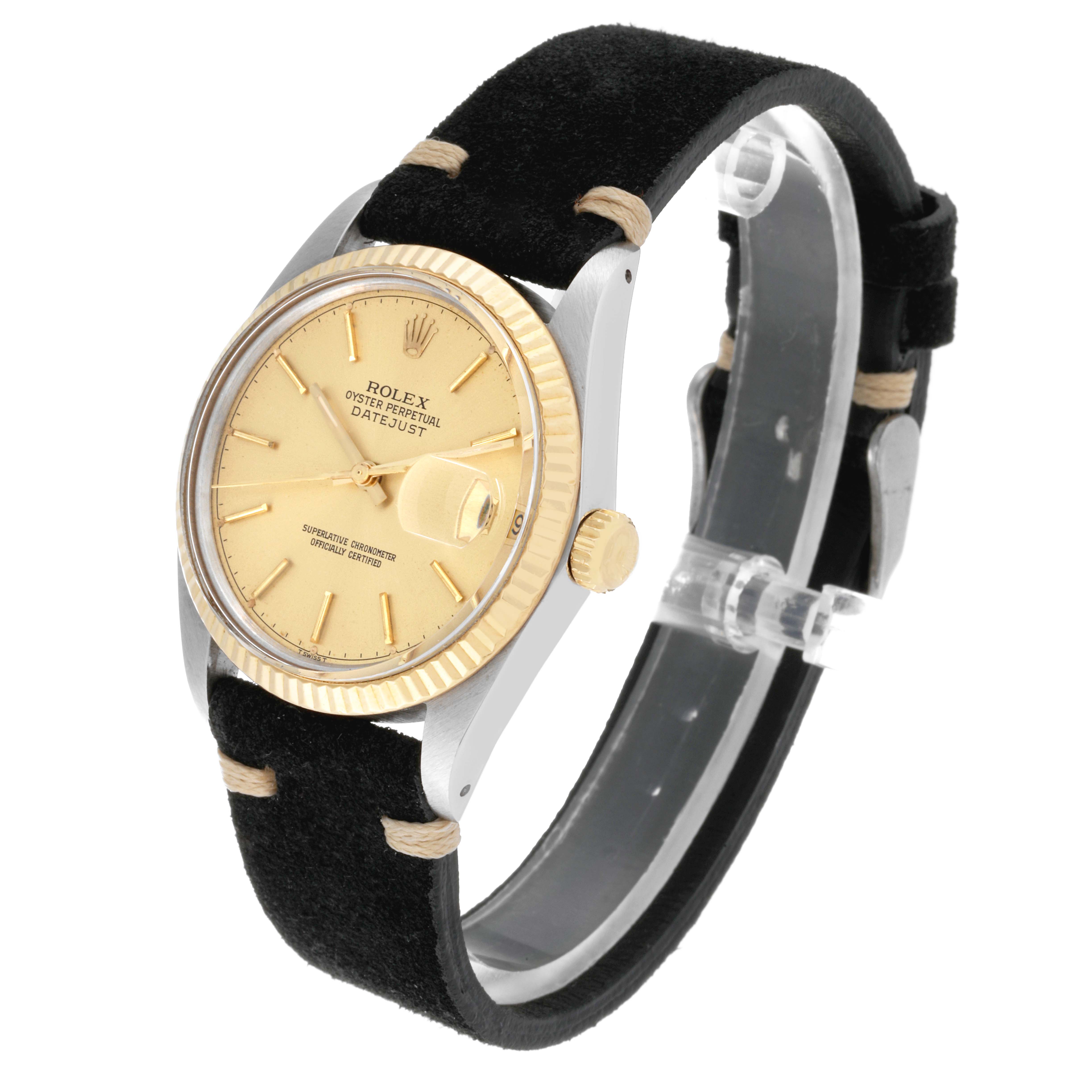 The image shows a Rolex Vintage Collection 16013 Men's Steel and Gold (two tone) Champagne Dial 16013 Men's Steel and Gold (two tone) Champagne Dial Datejust watch angled to display the face, bezel, crown, and part of the strap.