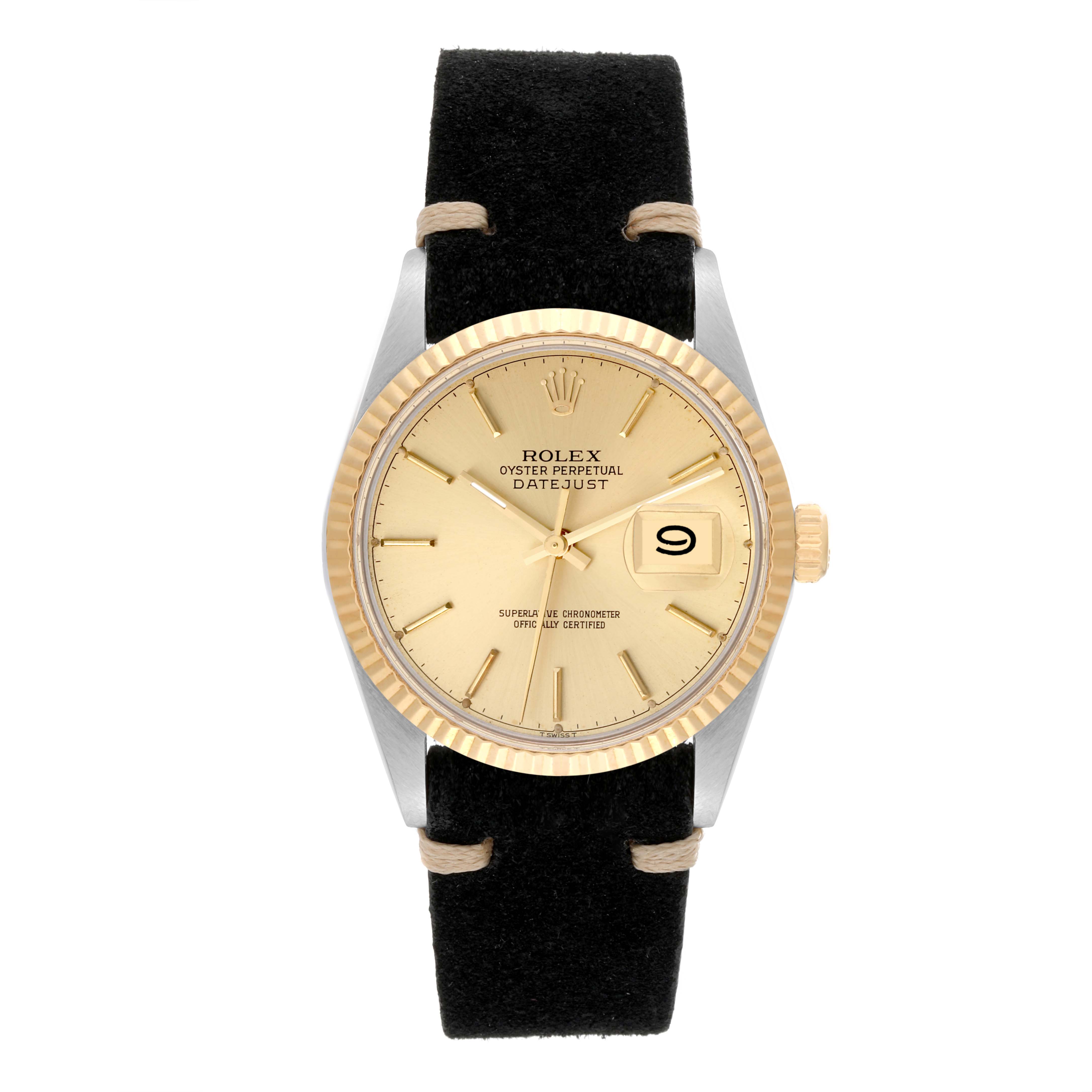 The Rolex Vintage Collection 16013 Men's Steel and Gold (two tone) Champagne Dial 16013 Men's Steel and Gold (two tone) Champagne Dial model watch is shown from a frontal angle highlighting its dial, bezel, and strap.