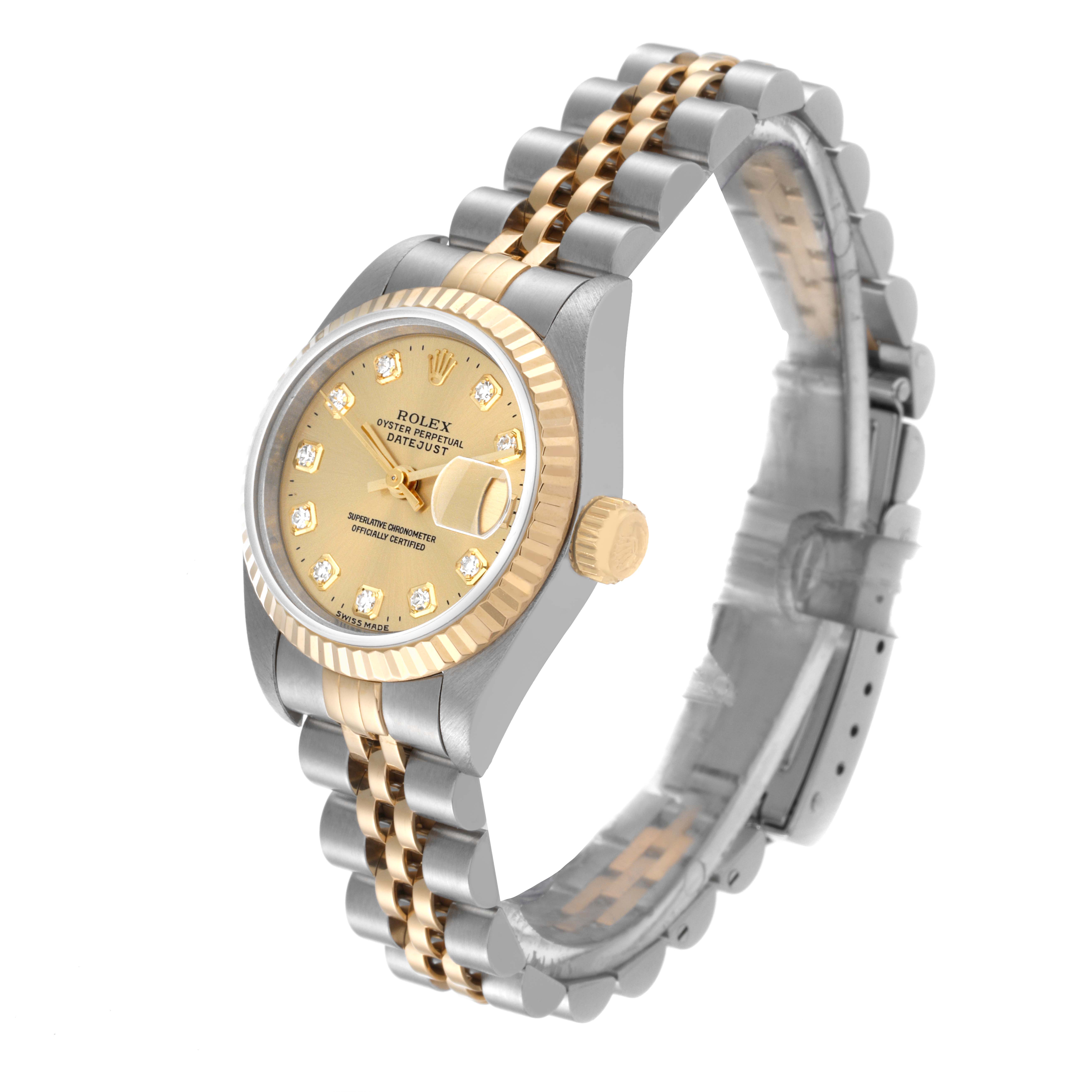 The image shows a side angle view of a Rolex Datejust 69173 Women's Steel and Gold (two tone) Champagne Dial 69173 Women's Steel and Gold (two tone) Champagne Dial watch, highlighting the dial, bezel, crown, and two-tone bracelet.