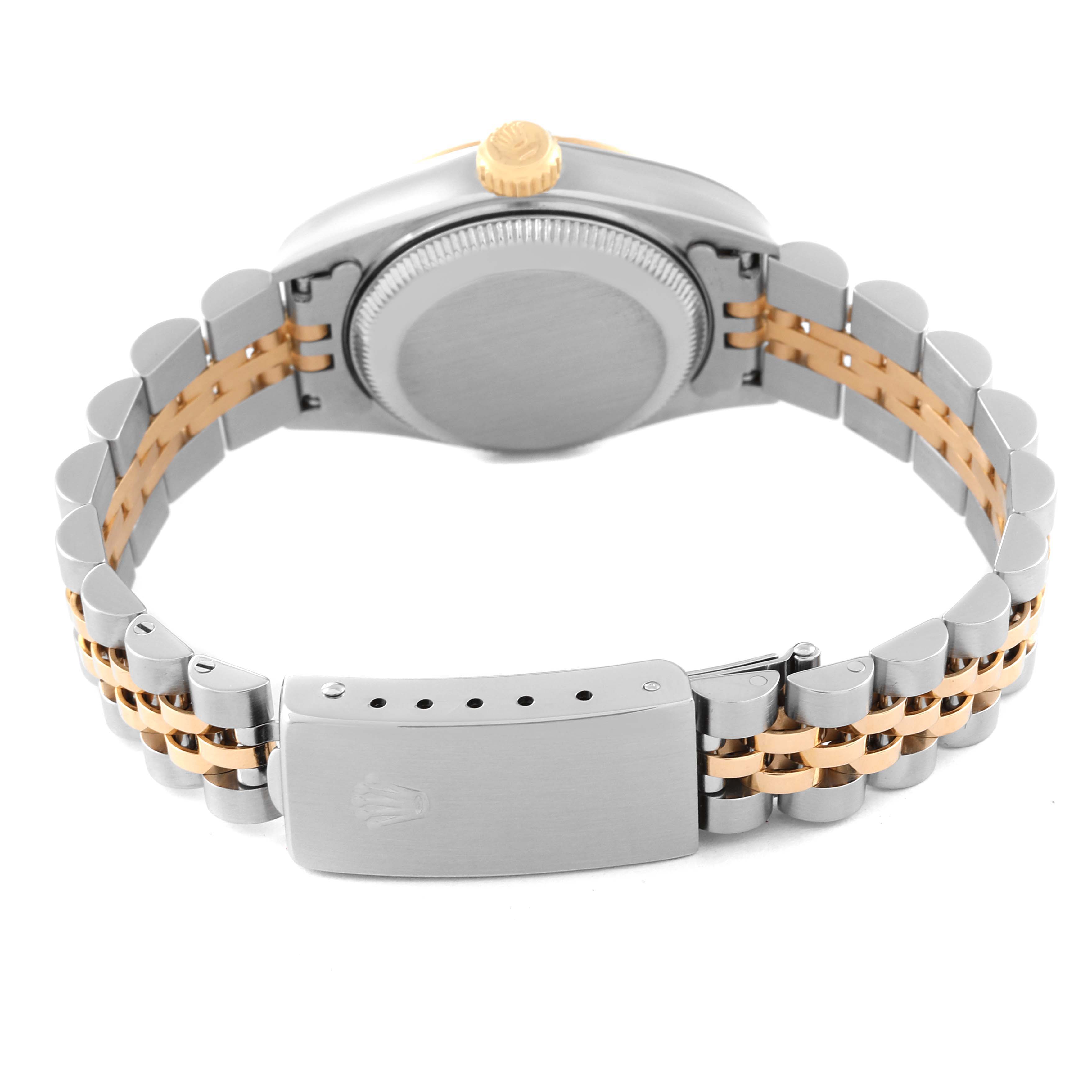 This image shows the back view of a Rolex Datejust 69173 Women's Steel and Gold (two tone) Champagne Dial 69173 Women's Steel and Gold (two tone) Champagne Dial watch, highlighting its bracelet and clasp.
