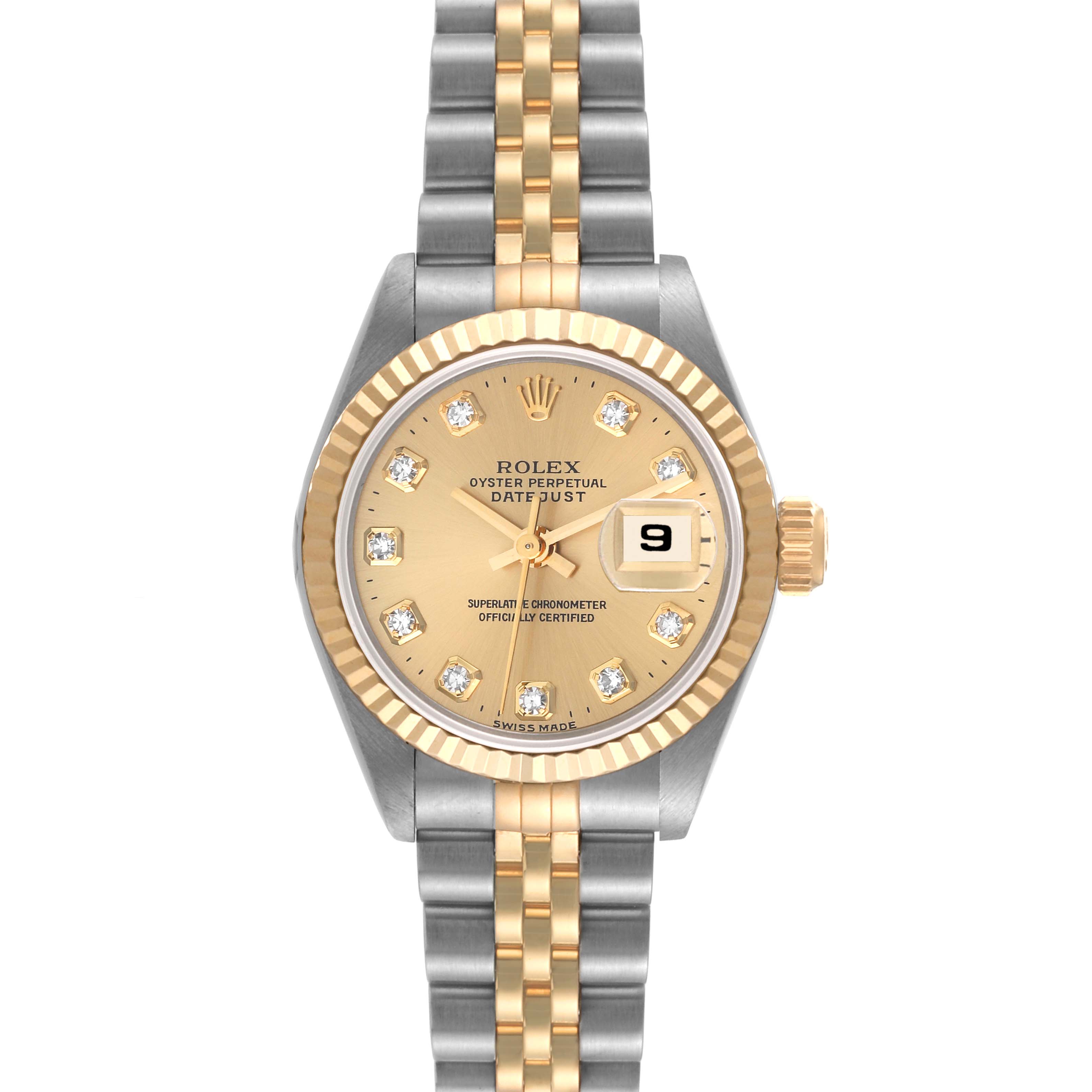 This is a top view of a Rolex Datejust 69173 Women's Steel and Gold (two tone) Champagne Dial 69173 Women's Steel and Gold (two tone) Champagne Dial watch, showing the dial, bezel, crown, and two-tone bracelet.