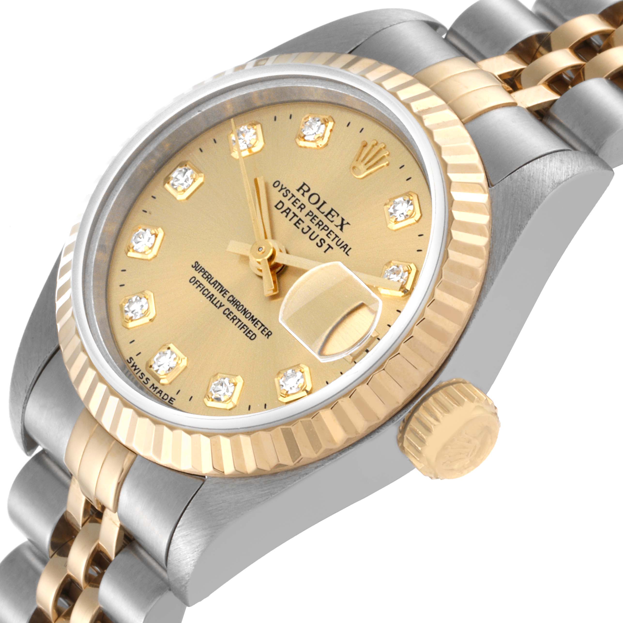 This image shows a close-up angle of the Rolex Datejust 69173 Women's Steel and Gold (two tone) Champagne Dial 69173 Women's Steel and Gold (two tone) Champagne Dial watch, highlighting the dial, fluted bezel, and part of the bracelet.