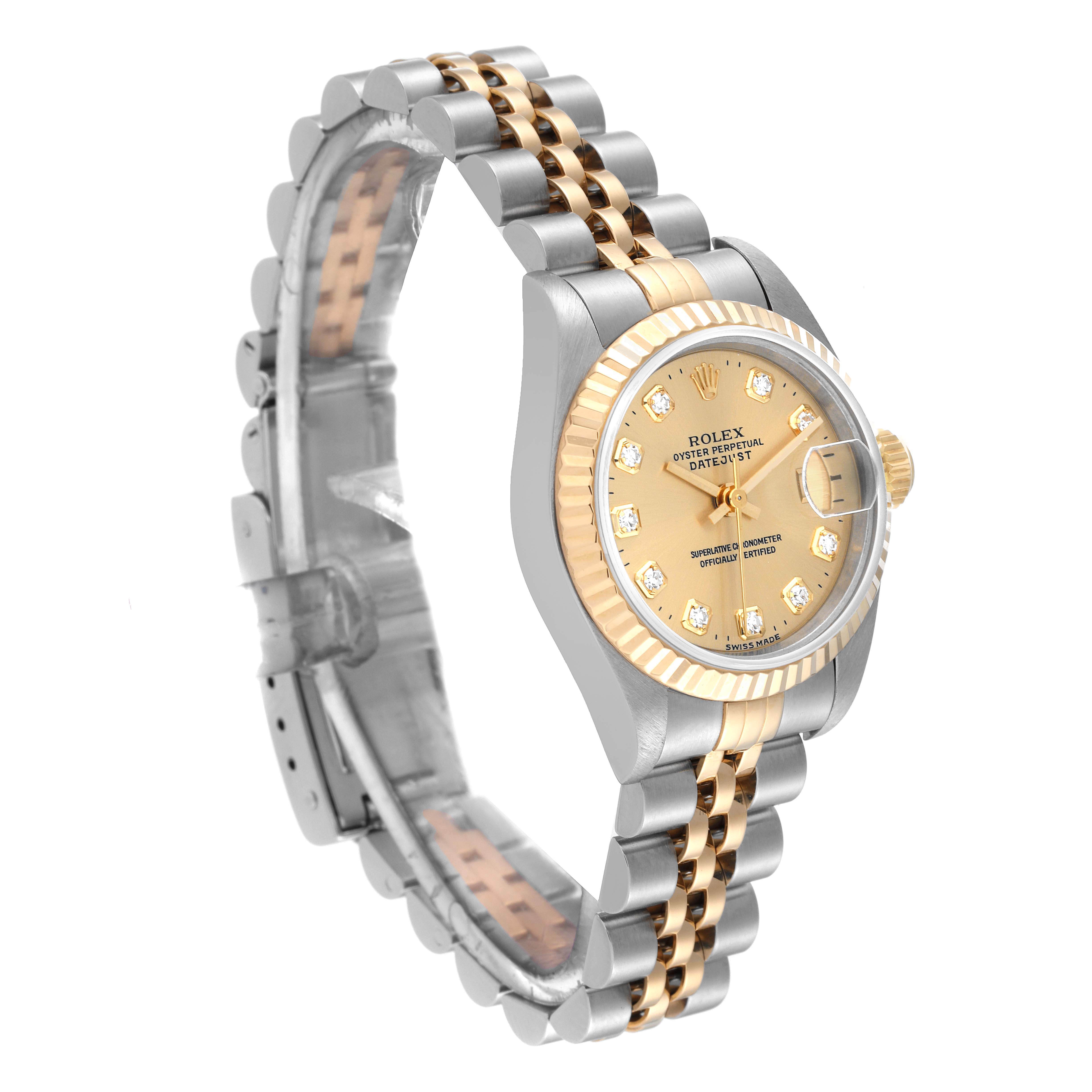 This Rolex Datejust 69173 Women's Steel and Gold (two tone) Champagne Dial 69173 Women's Steel and Gold (two tone) Champagne Dial watch image shows a side view, highlighting the bracelet, dial, and fluted bezel.