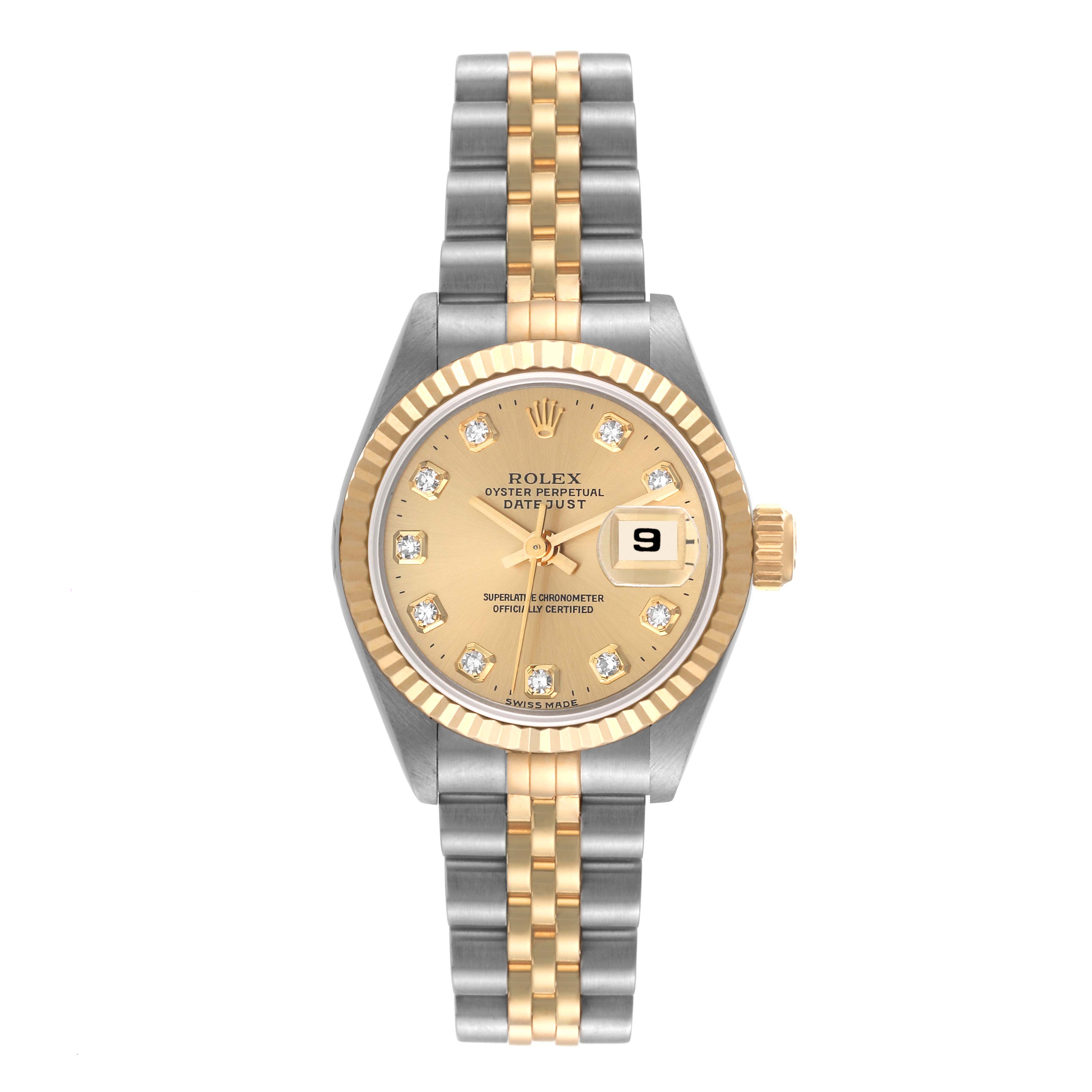 This Rolex Datejust 69173 Women's Steel and Gold (two tone) Champagne Dial 69173 Women's Steel and Gold (two tone) Champagne Dial watch is shown from the front, highlighting the dial, bezel, case, and Jubilee bracelet.