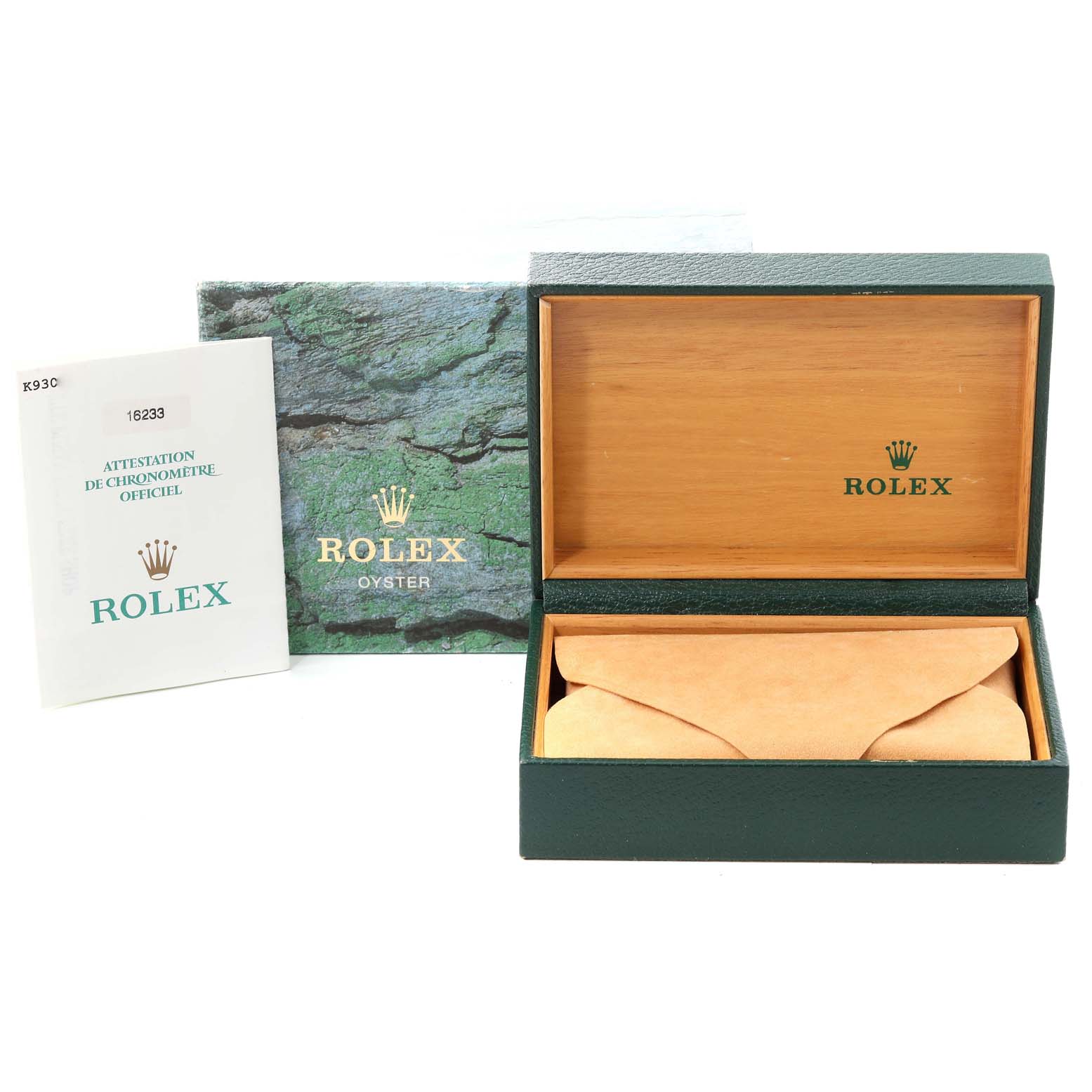 This image shows an empty Rolex Datejust 16233 Men's Steel and Gold (two tone) Blue Dial 16233 Men's Steel and Gold (two tone) Blue Dial box, a warranty booklet, and outer packaging angled from the front.