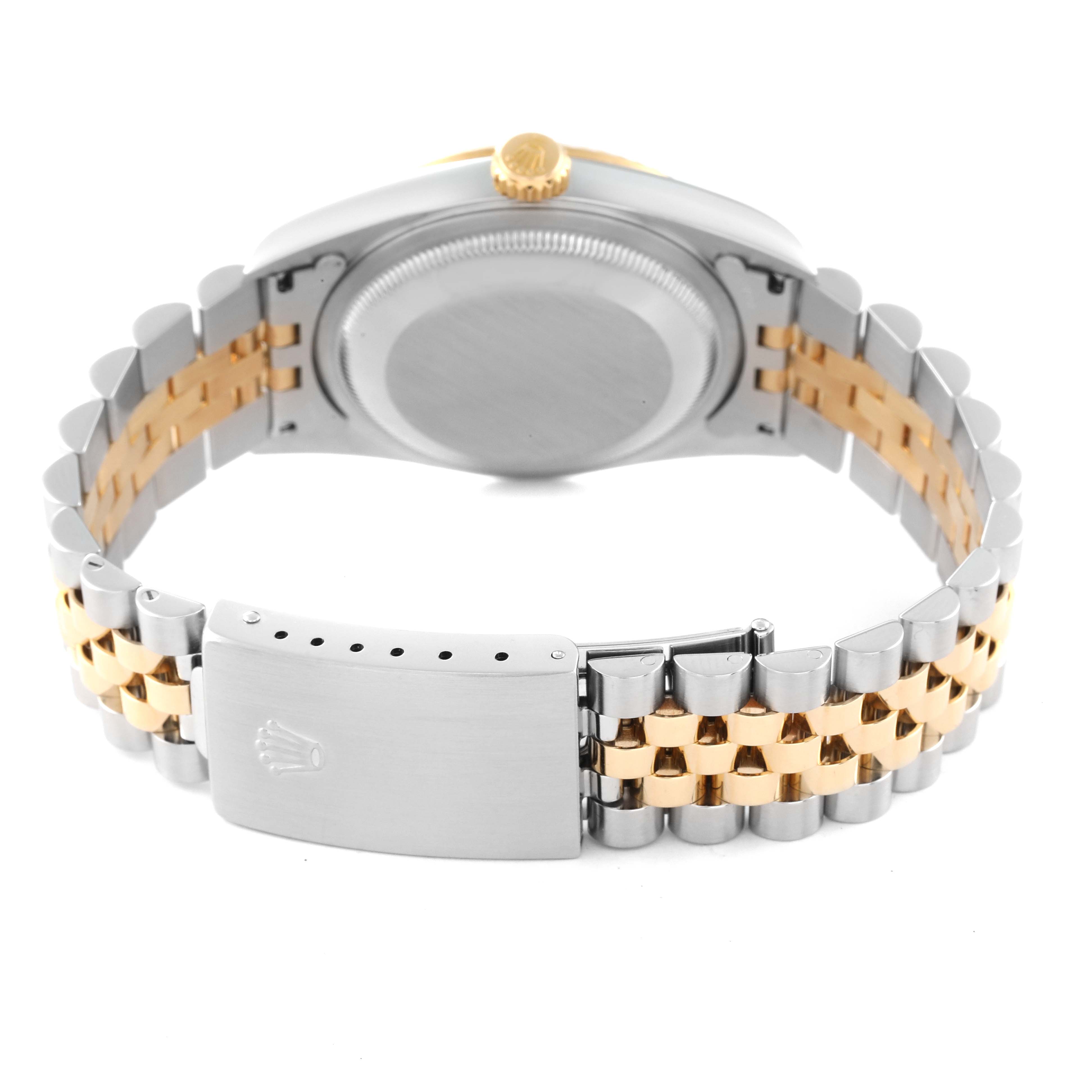 The image shows the back view of a Rolex Datejust 16233 Men's Steel and Gold (two tone) Blue Dial 16233 Men's Steel and Gold (two tone) Blue Dial watch, highlighting the two-tone jubilee bracelet and the clasp.