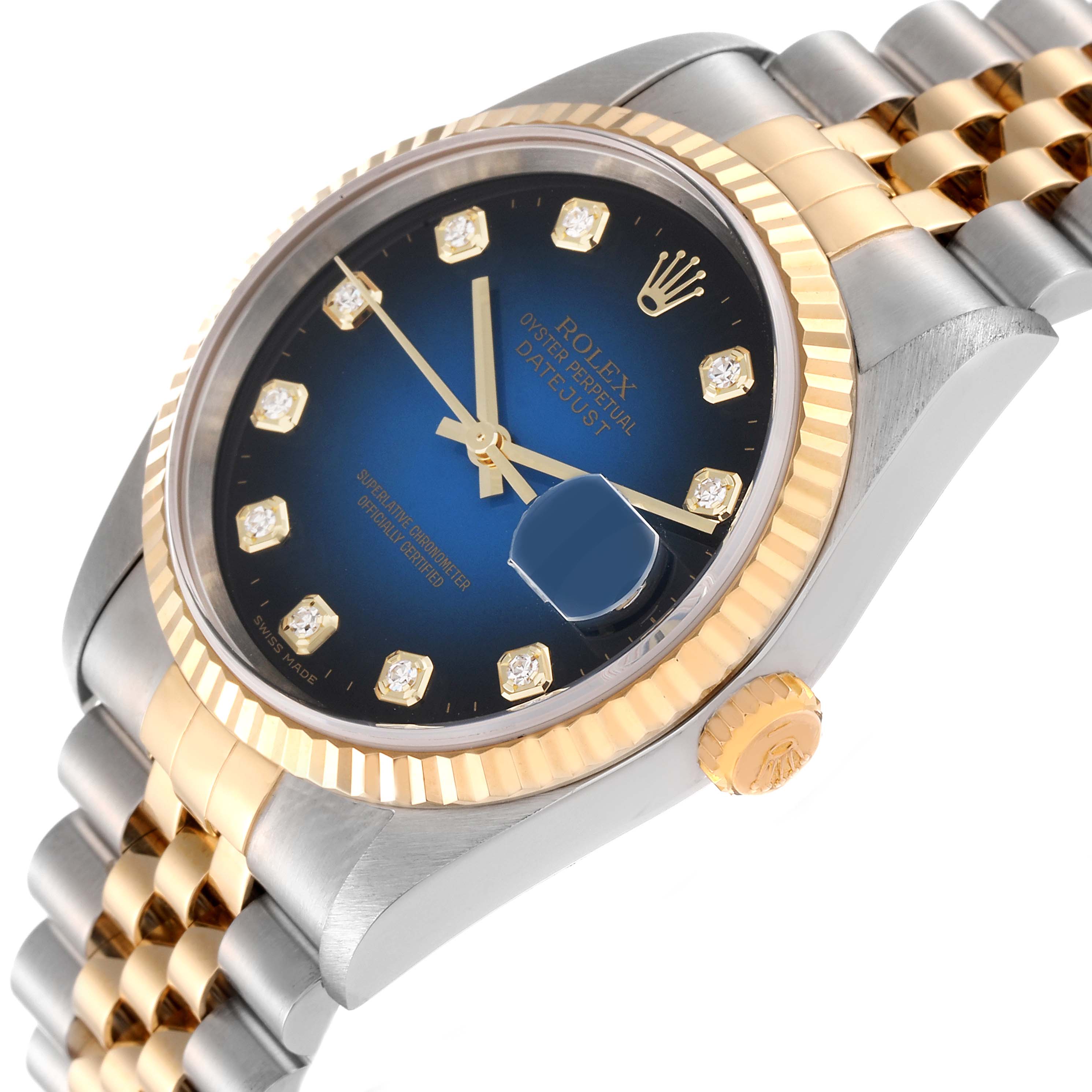 This image shows a close-up angled view of a Rolex Datejust 16233 Men's Steel and Gold (two tone) Blue Dial 16233 Men's Steel and Gold (two tone) Blue Dial watch, highlighting its dial, bezel, crown, and part of the bracelet.