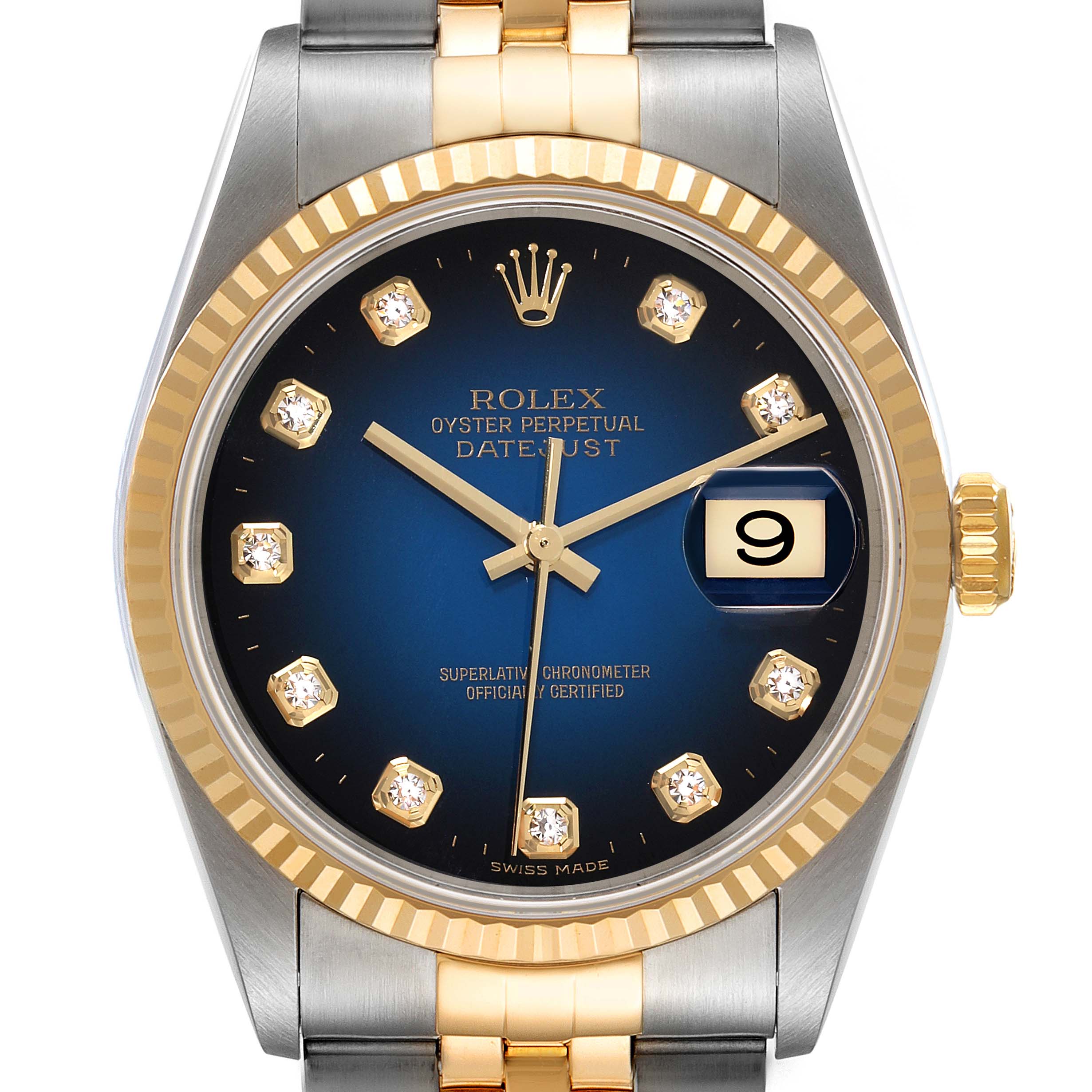 This image shows a front view of the Rolex Datejust 16233 Men's Steel and Gold (two tone) Blue Dial 16233 Men's Steel and Gold (two tone) Blue Dial watch, highlighting the dial, hands, date window, and the bracelet.