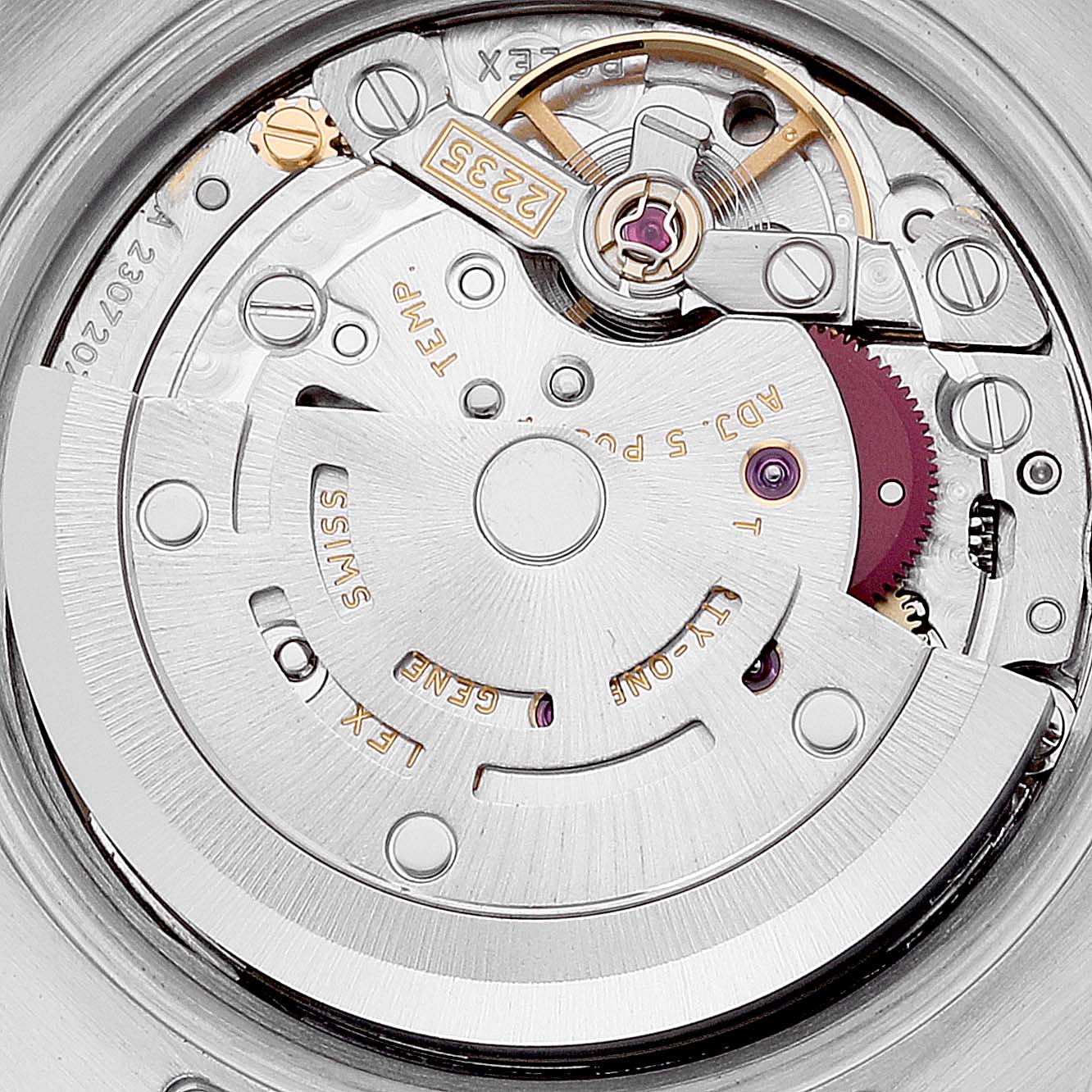 This is an internal view of the movement mechanism of a Rolex Datejust 179313 Women's Steel and Gold (two tone) Mother of Pearl Dial 179313 Women's Steel and Gold (two tone) Mother of Pearl Dial watch, showing gears and precision components.