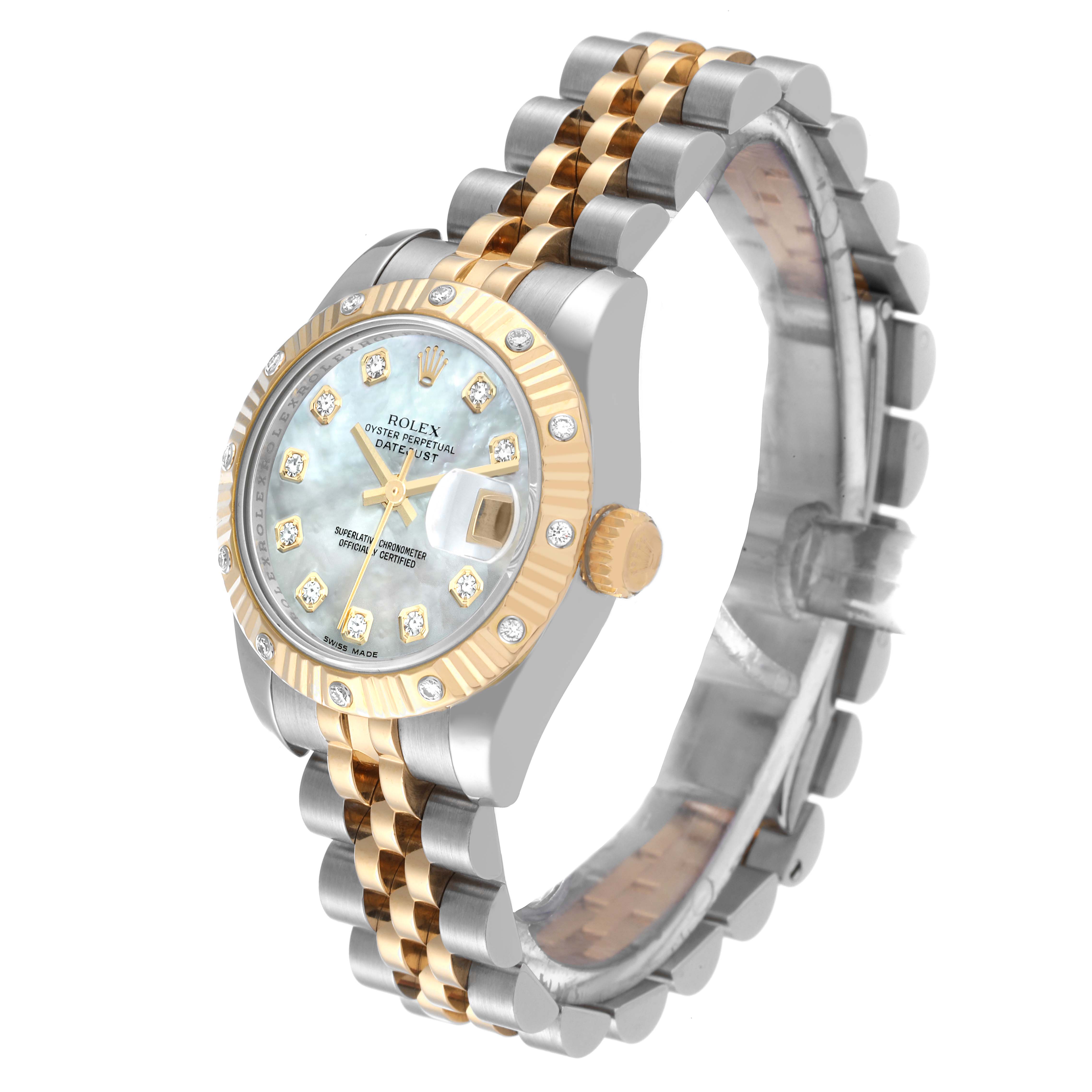 The image shows the Rolex Datejust 179313 Women's Steel and Gold (two tone) Mother of Pearl Dial 179313 Women's Steel and Gold (two tone) Mother of Pearl Dial watch at a three-quarter angle, highlighting the face, bracelet, bezel, and crown.