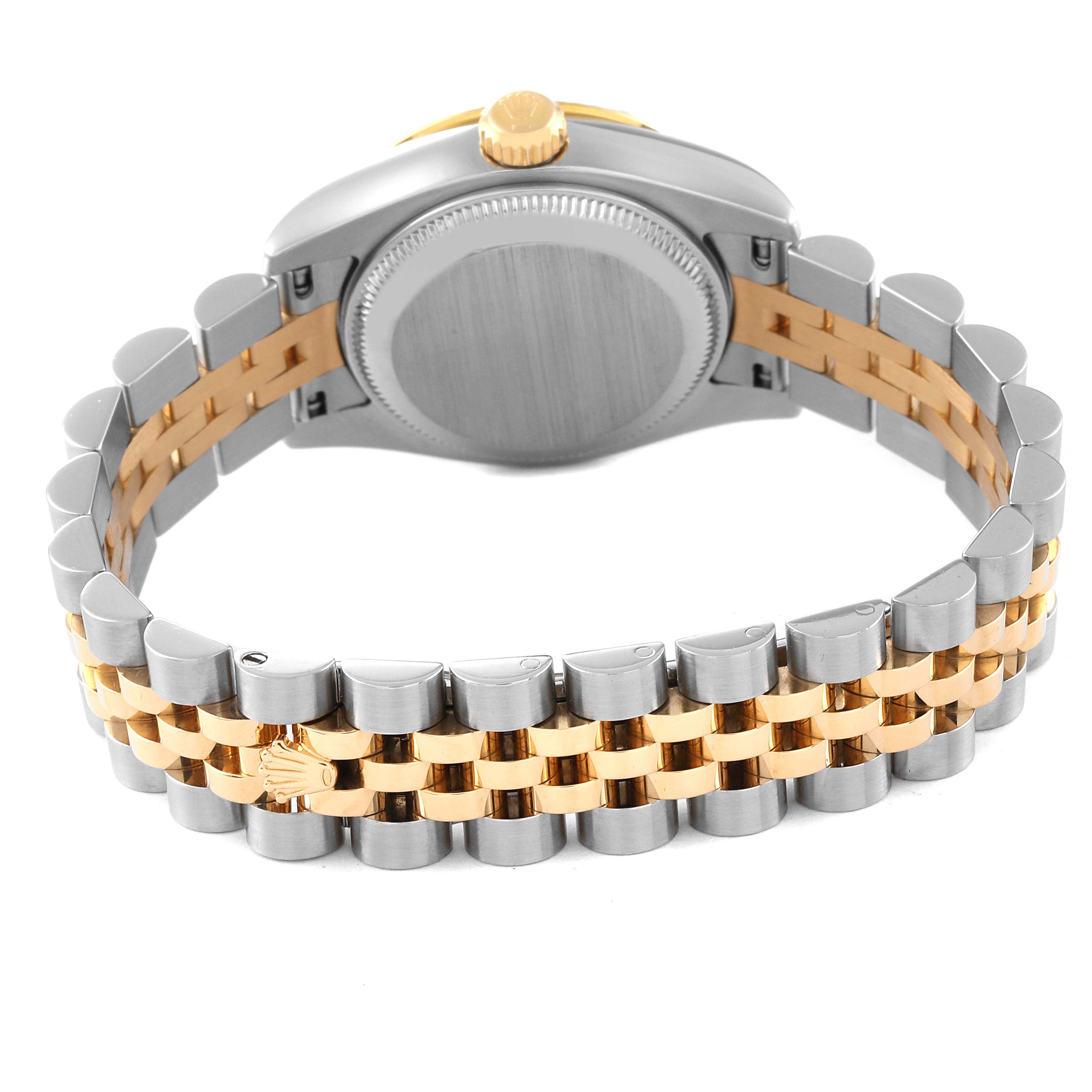 The image shows the back of a Rolex Datejust 179313 Women's Steel and Gold (two tone) Mother of Pearl Dial 179313 Women's Steel and Gold (two tone) Mother of Pearl Dial watch, highlighting its two-tone bracelet and case back.