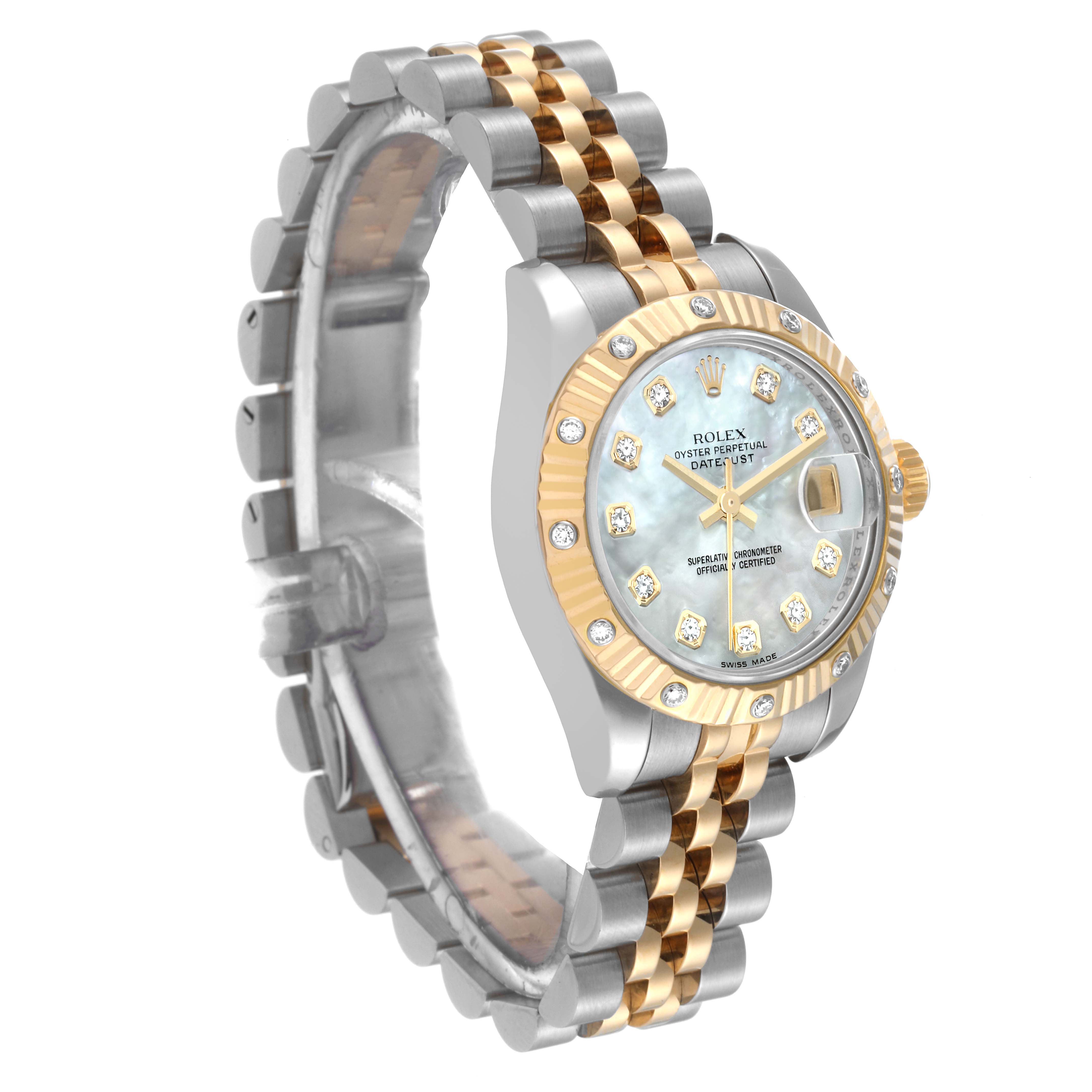 This image shows a Rolex Datejust 179313 Women's Steel and Gold (two tone) Mother of Pearl Dial 179313 Women's Steel and Gold (two tone) Mother of Pearl Dial watch at a three-quarter angle, highlighting the face, bezel, case, and part of the bracelet.