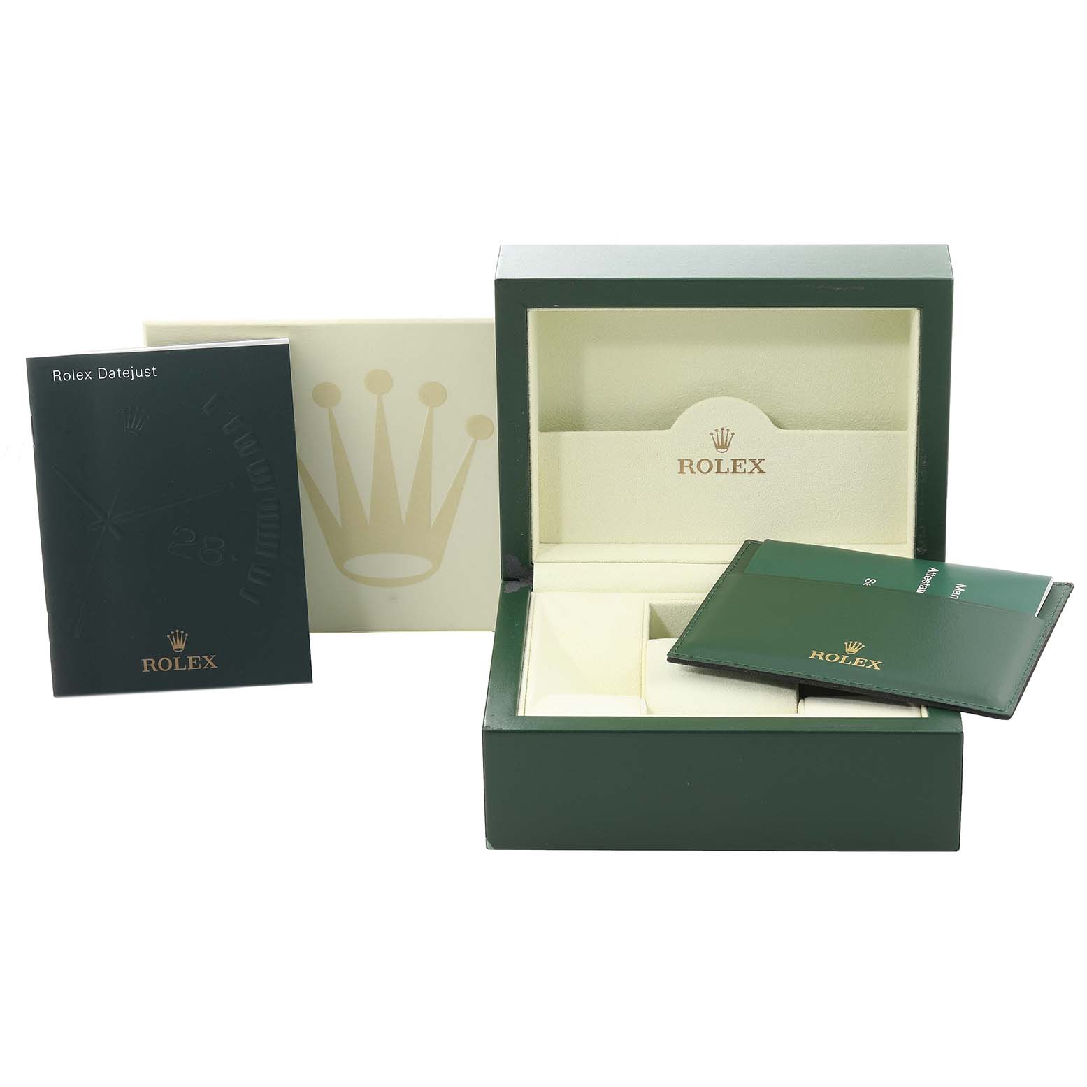 The image shows the packaging of a Rolex Datejust 179313 Women's Steel and Gold (two tone) Mother of Pearl Dial 179313 Women's Steel and Gold (two tone) Mother of Pearl Dial watch, including the box, booklet, and warranty card holder.