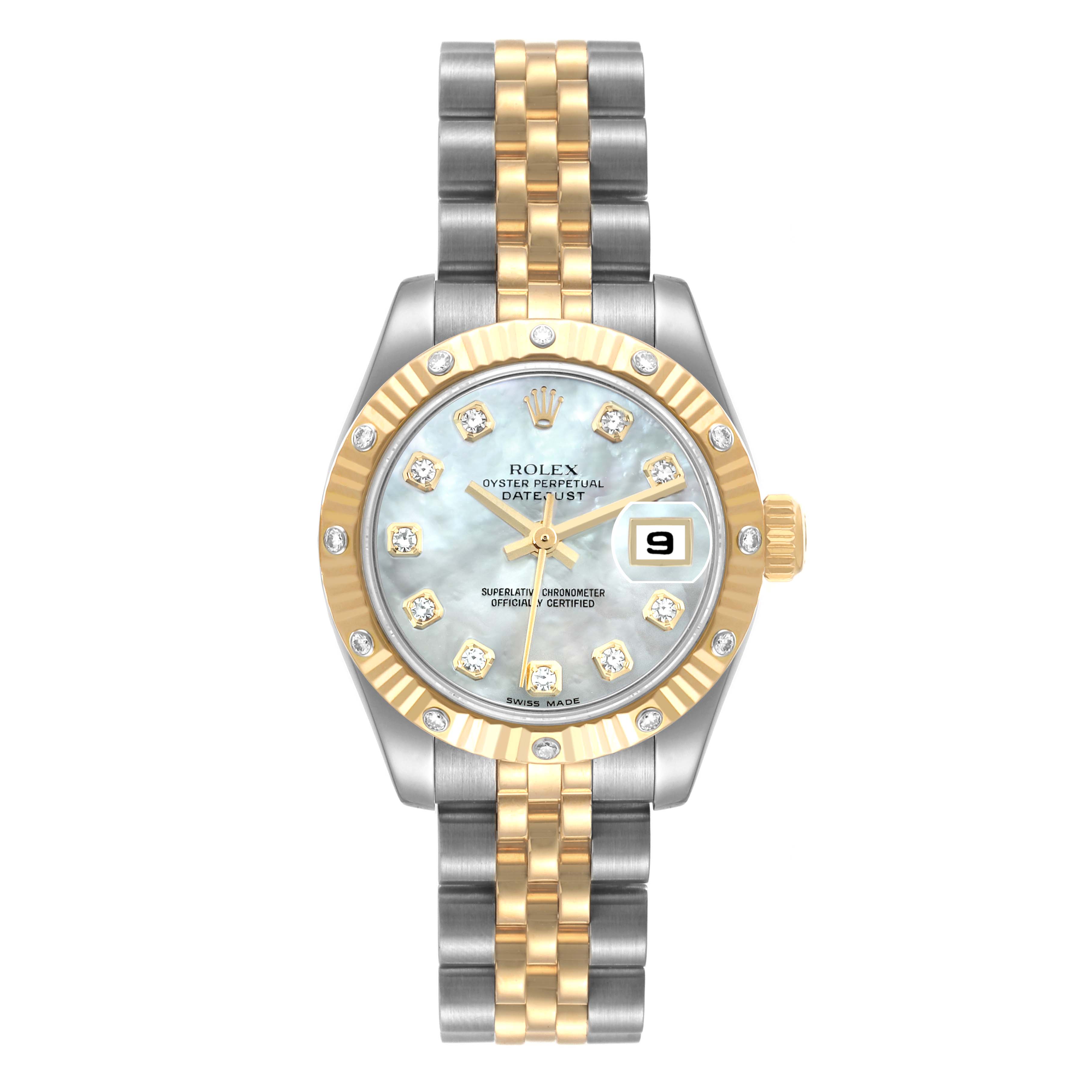This image shows a front view of a Rolex Datejust 179313 Women's Steel and Gold (two tone) Mother of Pearl Dial 179313 Women's Steel and Gold (two tone) Mother of Pearl Dial watch, detailing its bezel, dial, bracelet, and date window.