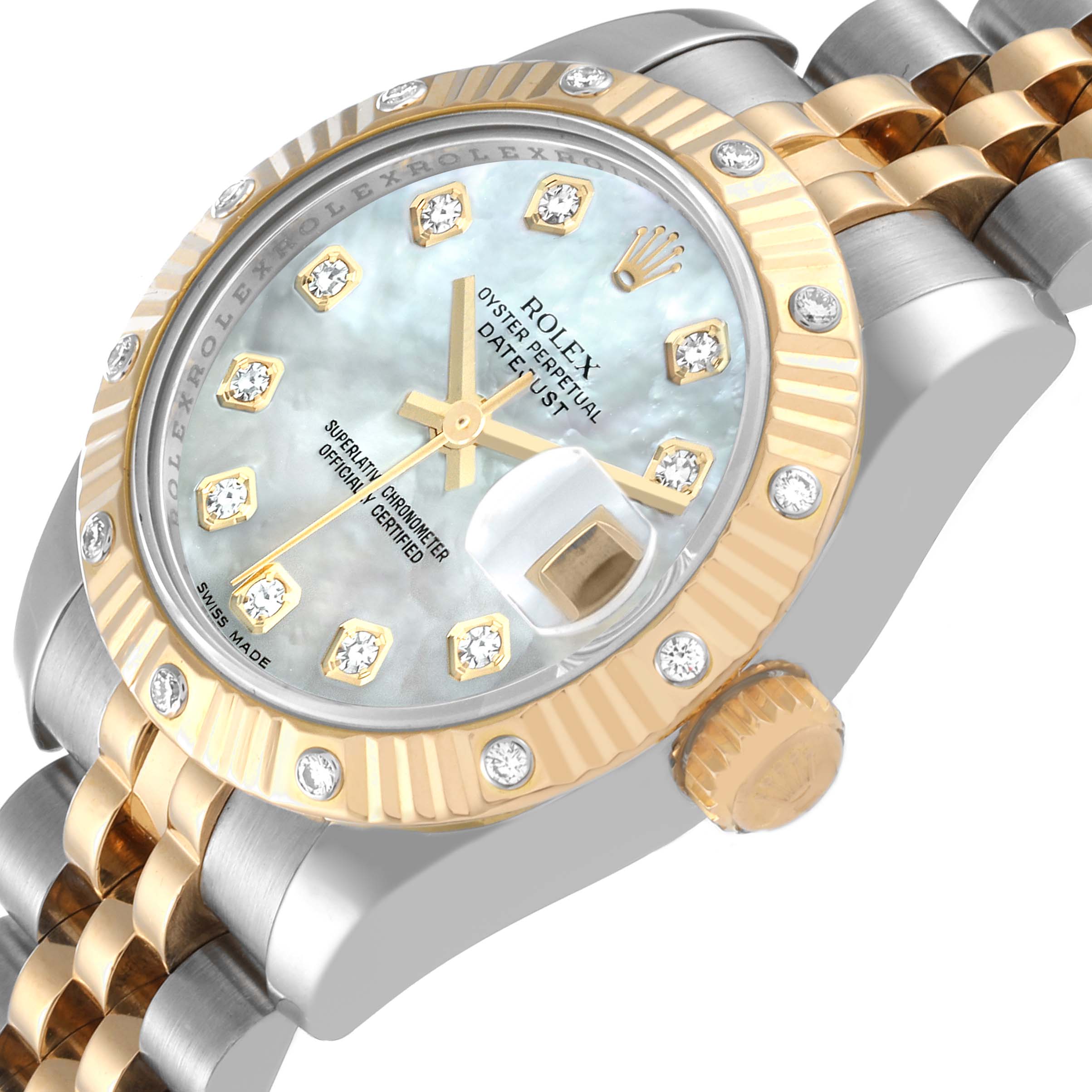 This image shows a close-up side angle of a Rolex Datejust 179313 Women's Steel and Gold (two tone) Mother of Pearl Dial 179313 Women's Steel and Gold (two tone) Mother of Pearl Dial watch, highlighting its dial, bezel, crown, and bracelet.