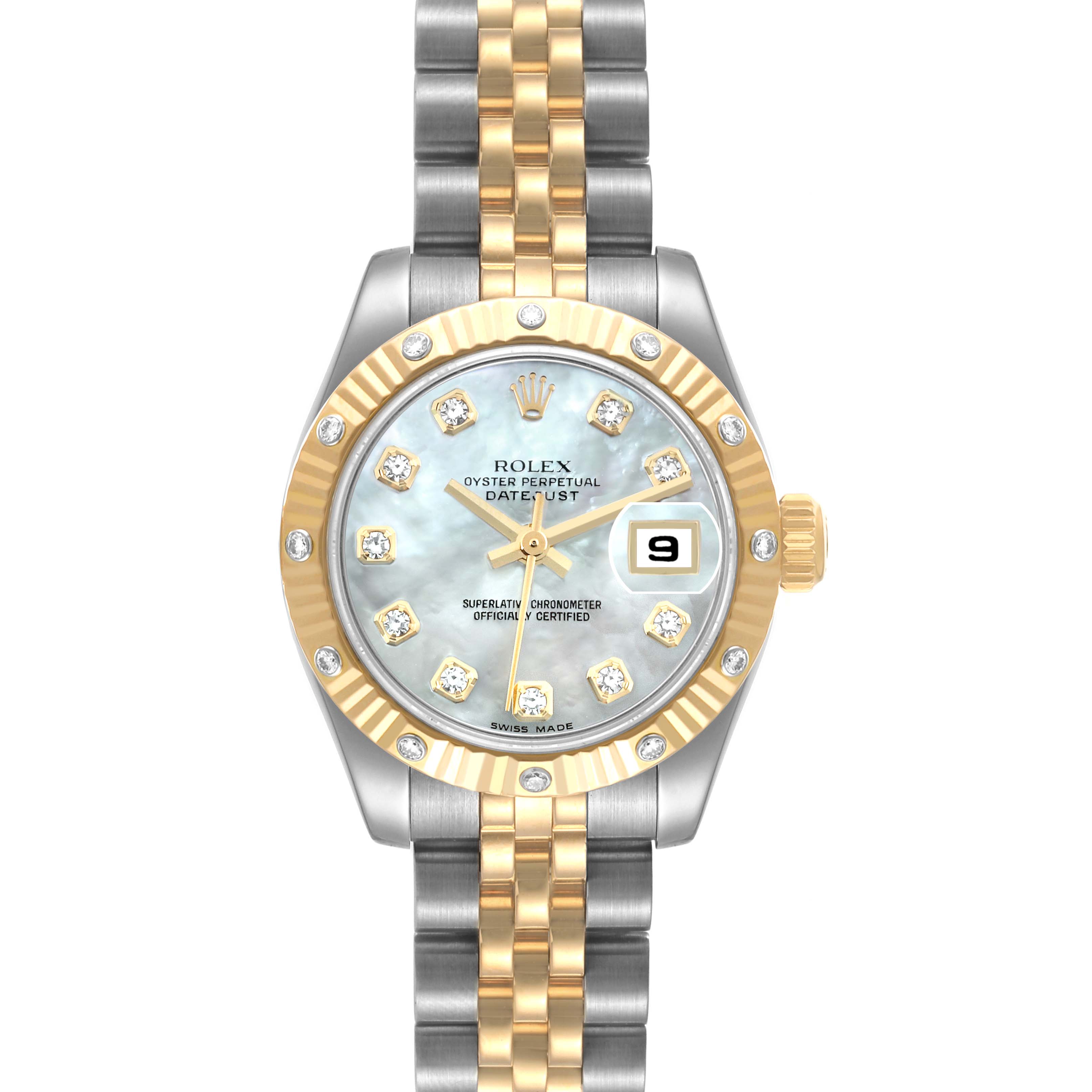 The image shows a front view of a Rolex Datejust 179313 Women's Steel and Gold (two tone) Mother of Pearl Dial 179313 Women's Steel and Gold (two tone) Mother of Pearl Dial watch with a two-tone metal band, diamond markers, and a fluted bezel.